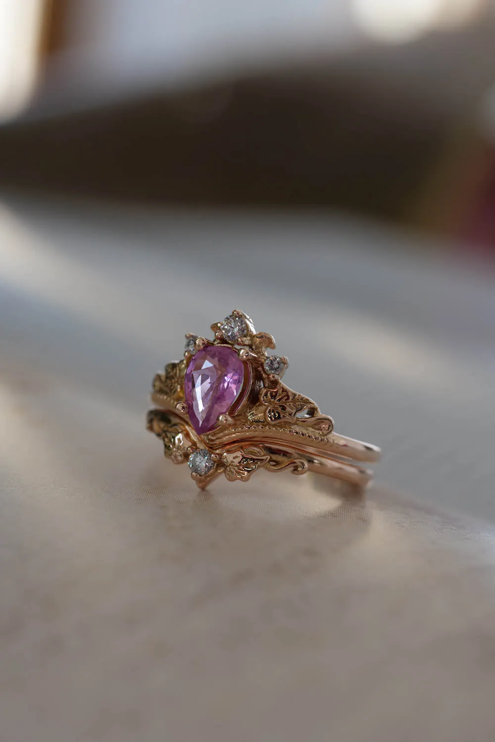 Pink sapphire ring / Bridal ring set with diamonds / Ariadne pear cut