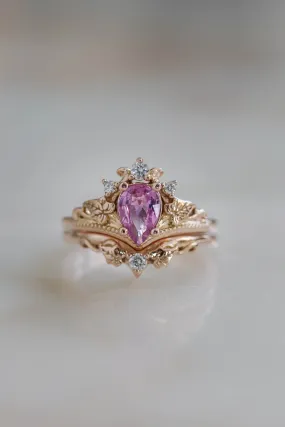 Pink sapphire ring / Bridal ring set with diamonds / Ariadne pear cut