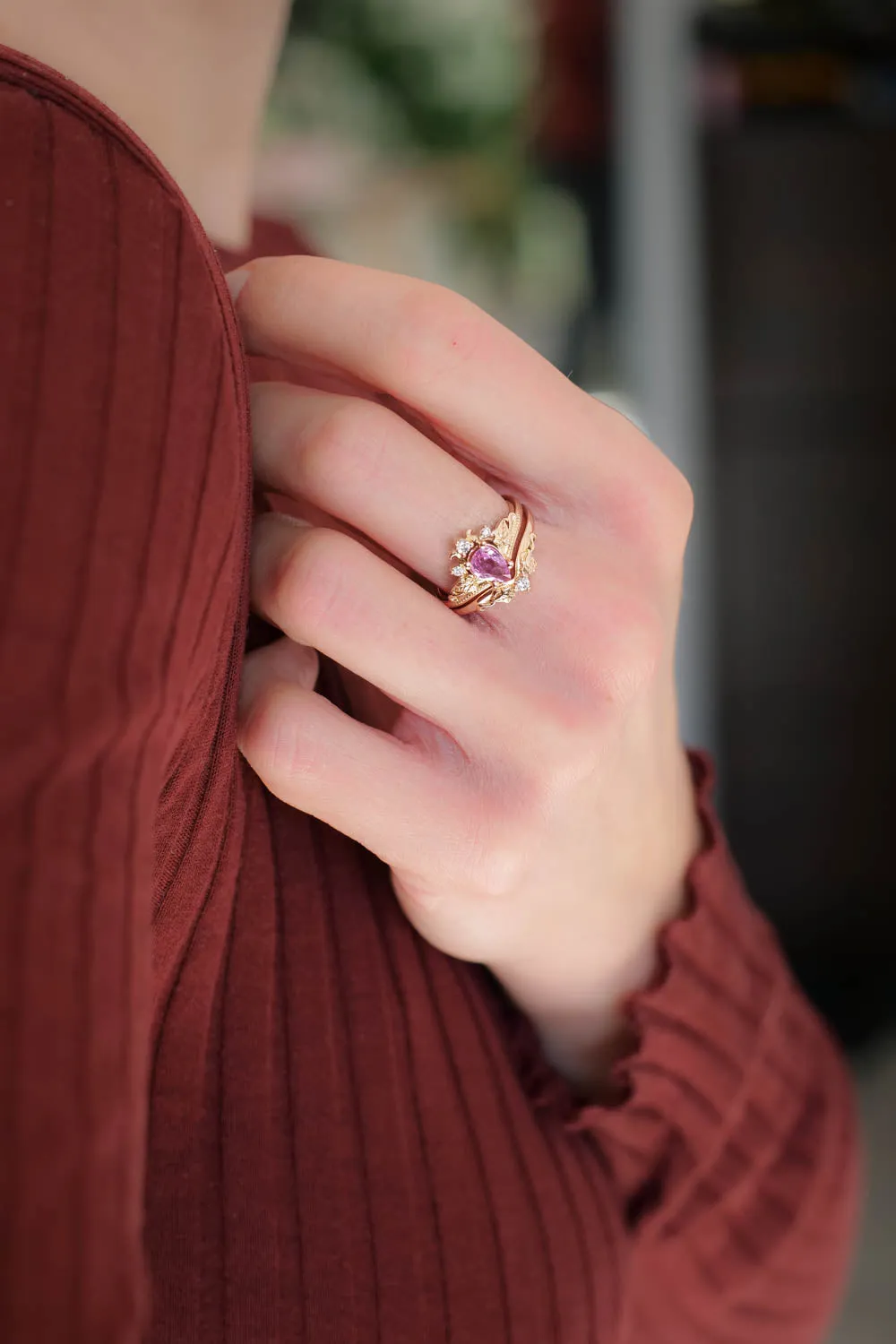 Pink sapphire ring / Bridal ring set with diamonds / Ariadne pear cut