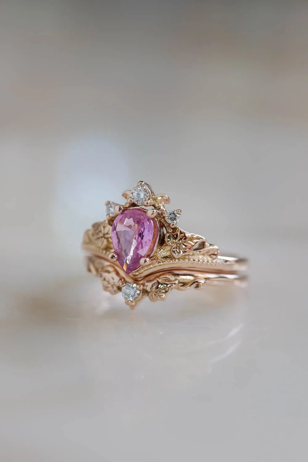 Pink sapphire ring / Bridal ring set with diamonds / Ariadne pear cut