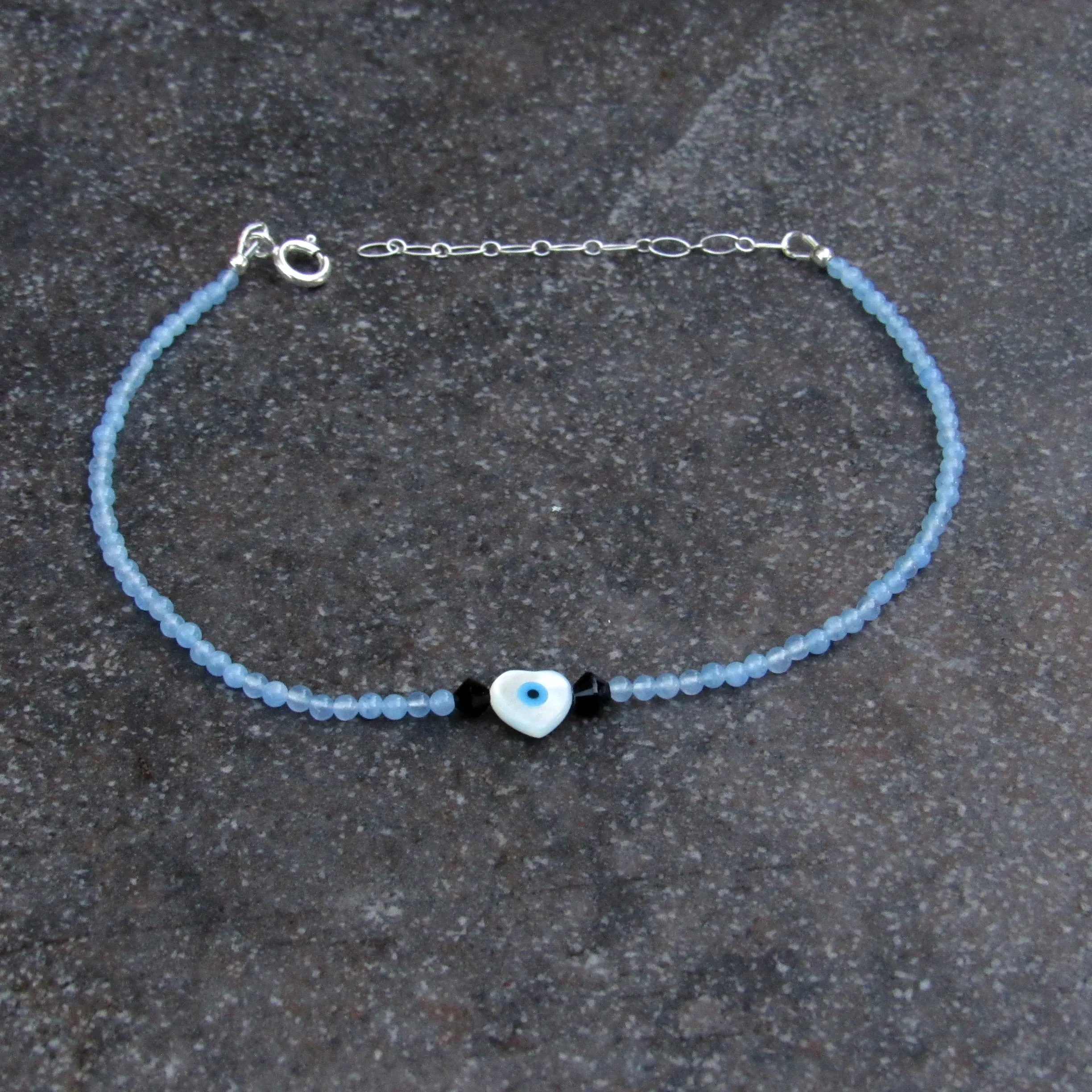 Protection Eye Mother of Pearl Heart and Chalcedony gemstone Anklet