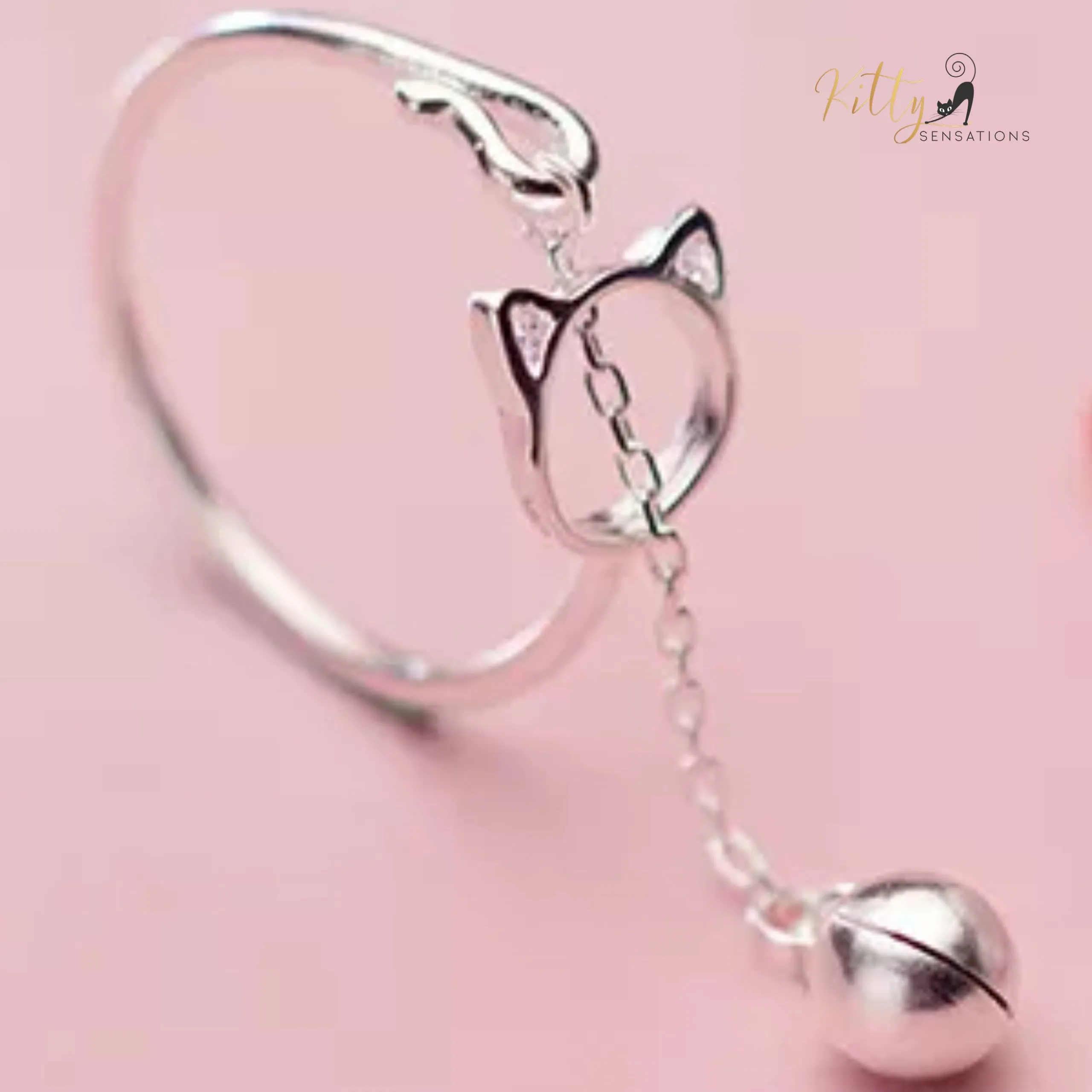 Purrfection Cat Ring with Hanging Bell Charm in Solid 925 Sterling Silver