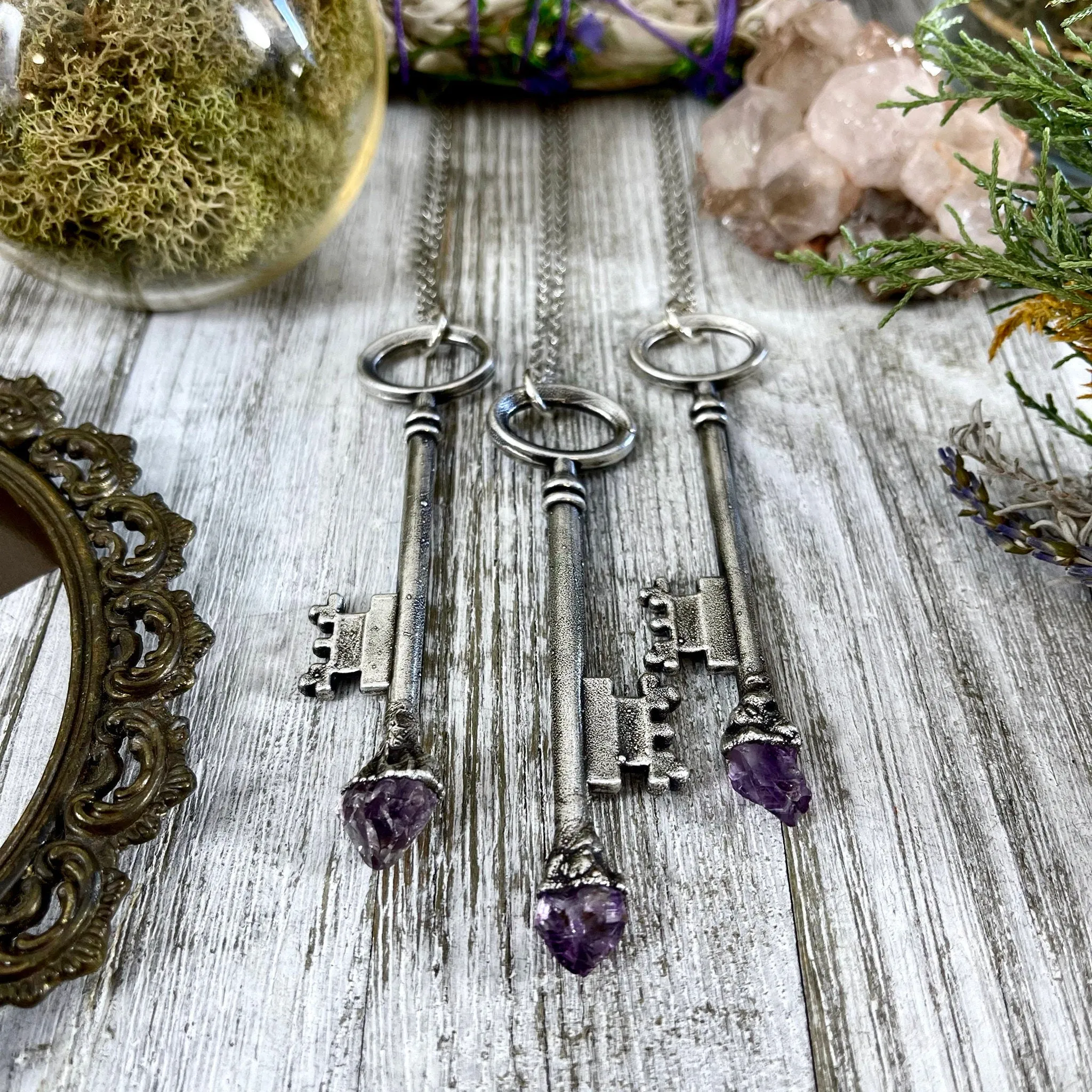 Raw Amethyst Crystal Vintage Skeleton Key Necklace Pendant in Fine Silver  / Foxlark Collection - One of a Kind