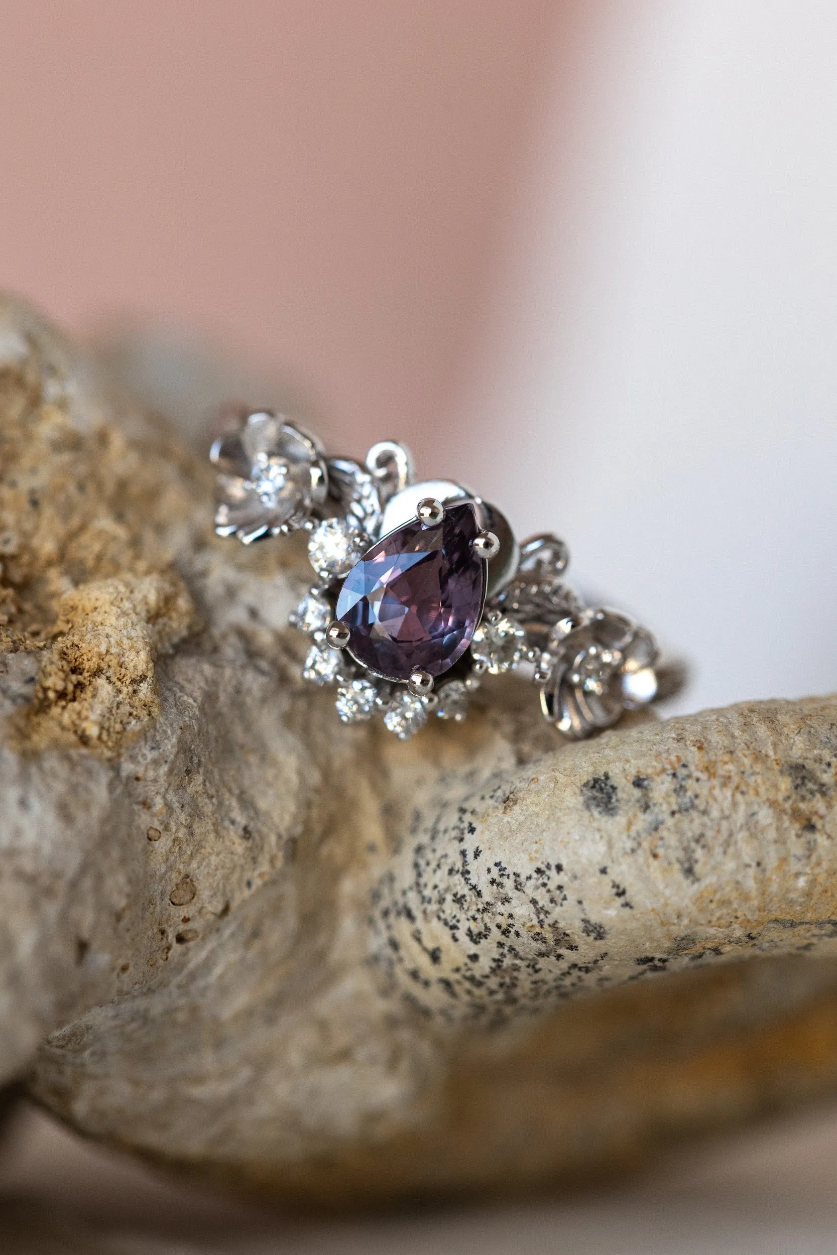 READY TO SHIP: Adelina ring in 14K white gold, natural purple sapphire pear 7x5 mm, accent natural diamonds, AVAILABLE RING SIZES: 5.5-7.5US