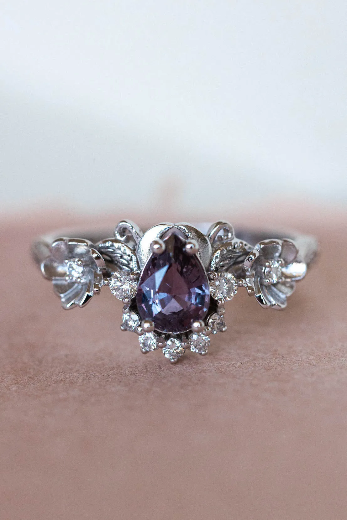 READY TO SHIP: Adelina ring in 14K white gold, natural purple sapphire pear 7x5 mm, accent natural diamonds, AVAILABLE RING SIZES: 5.5-7.5US