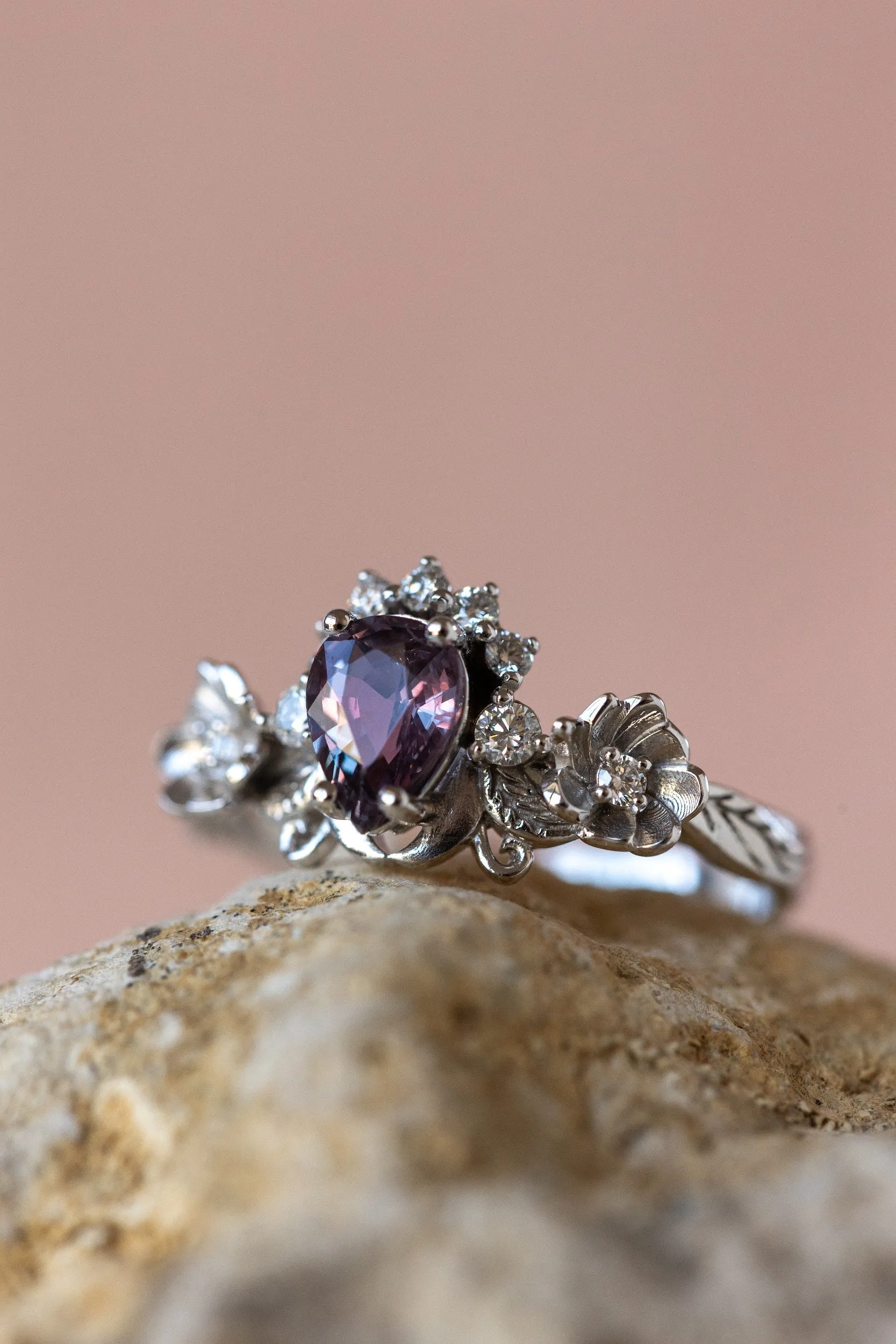 READY TO SHIP: Adelina ring in 14K white gold, natural purple sapphire pear 7x5 mm, accent natural diamonds, AVAILABLE RING SIZES: 5.5-7.5US