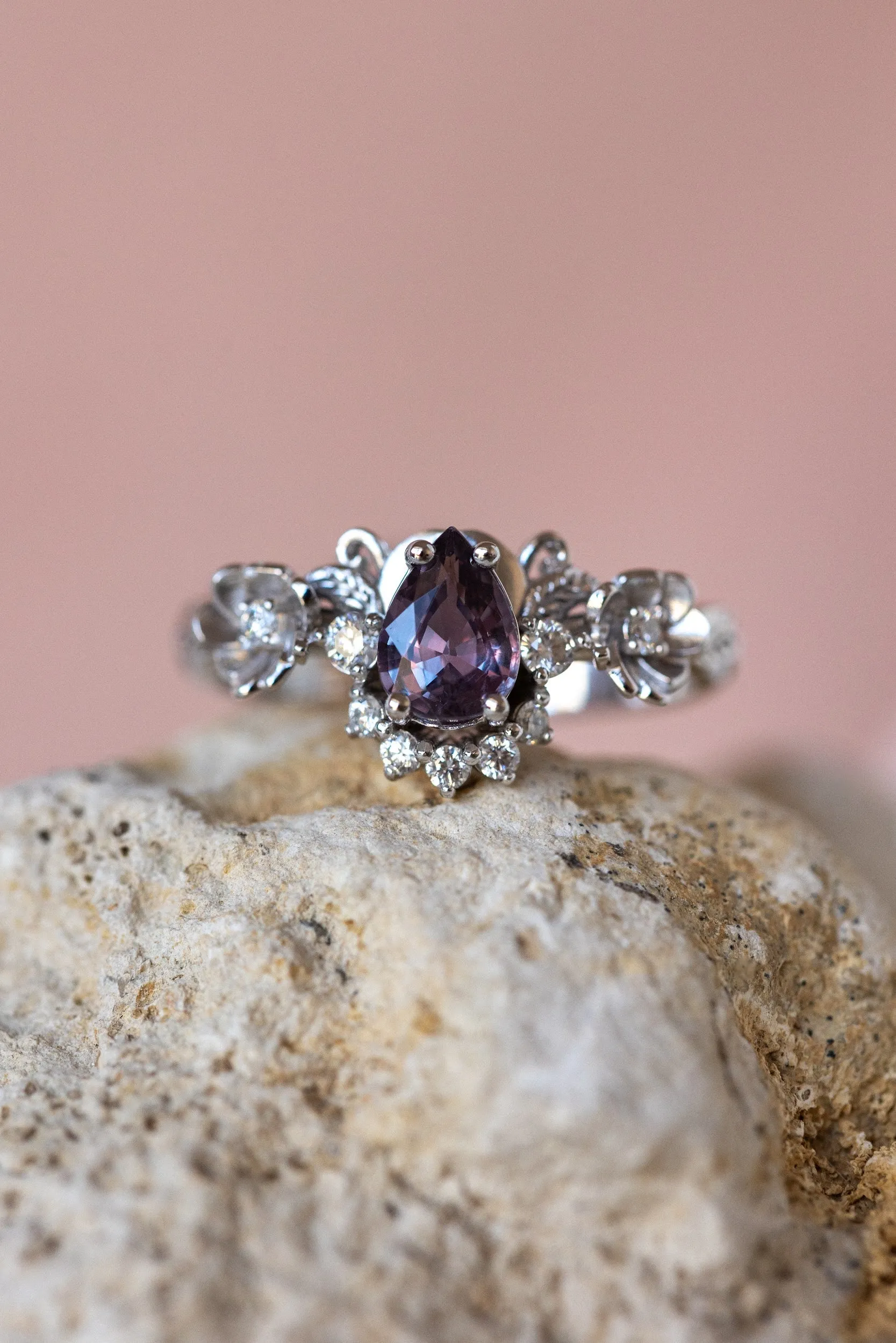 READY TO SHIP: Adelina ring in 14K white gold, natural purple sapphire pear 7x5 mm, accent natural diamonds, AVAILABLE RING SIZES: 5.5-7.5US