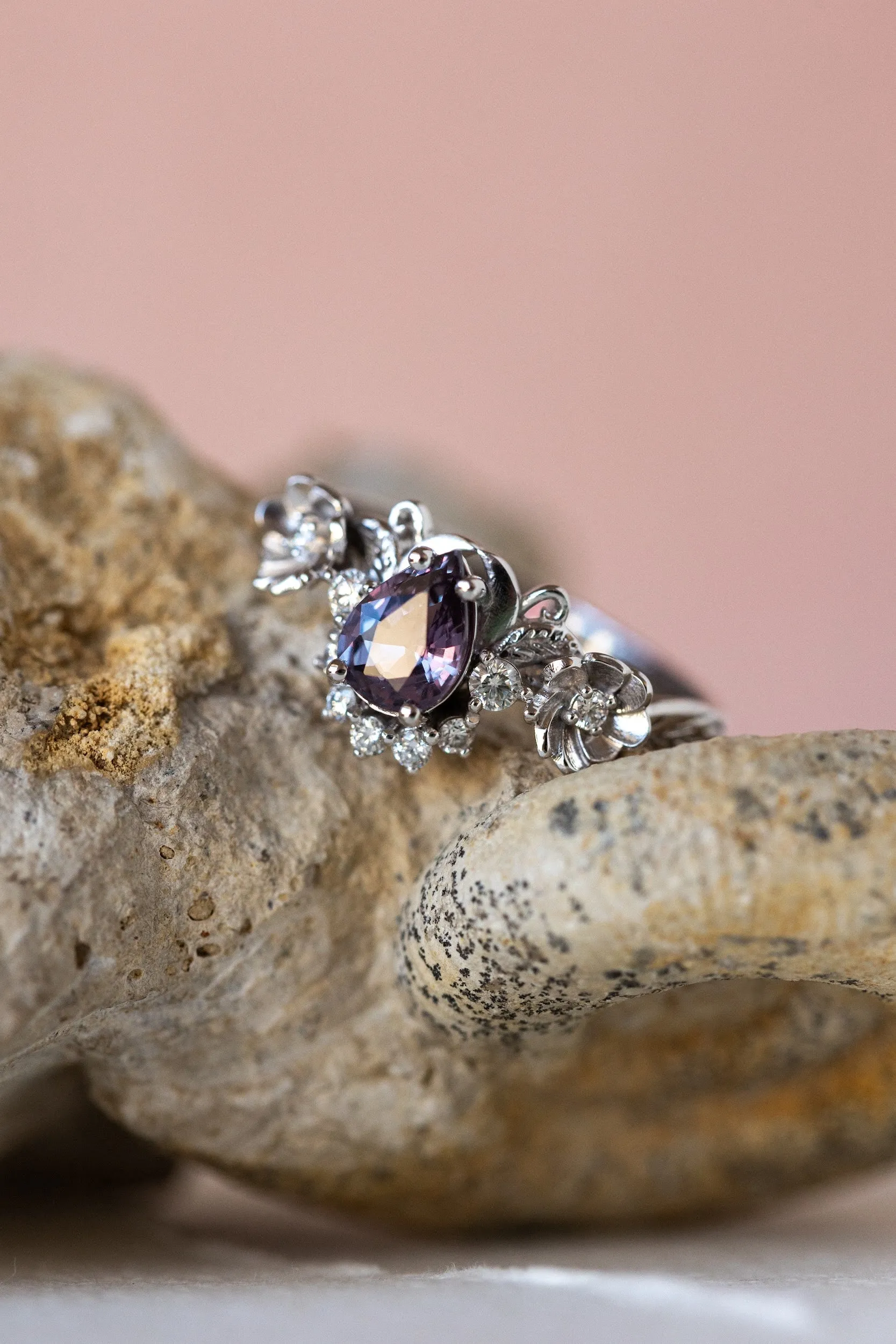 READY TO SHIP: Adelina ring in 14K white gold, natural purple sapphire pear 7x5 mm, accent natural diamonds, AVAILABLE RING SIZES: 5.5-7.5US