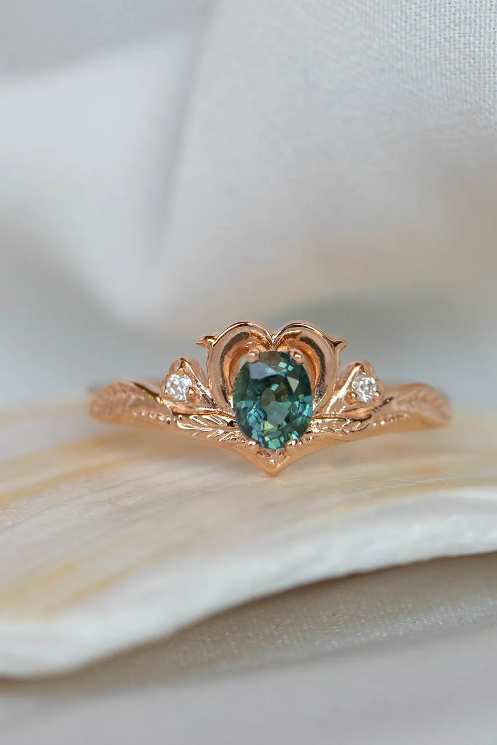 READY TO SHIP: Amura in 14K rose gold, natural oval cut teal sapphire 6.3x5.3 mm, moissanites, RING SIZE 7 US