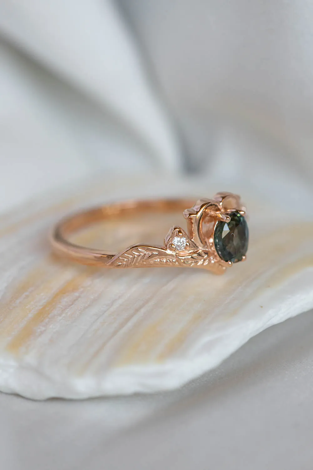 READY TO SHIP: Amura in 14K rose gold, natural oval cut teal sapphire 6.3x5.3 mm, moissanites, RING SIZE 7 US