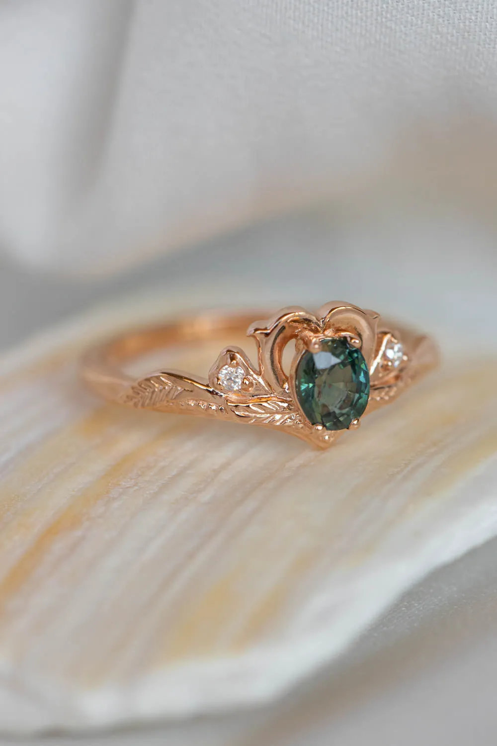 READY TO SHIP: Amura in 14K rose gold, natural oval cut teal sapphire 6.3x5.3 mm, moissanites, RING SIZE 7 US