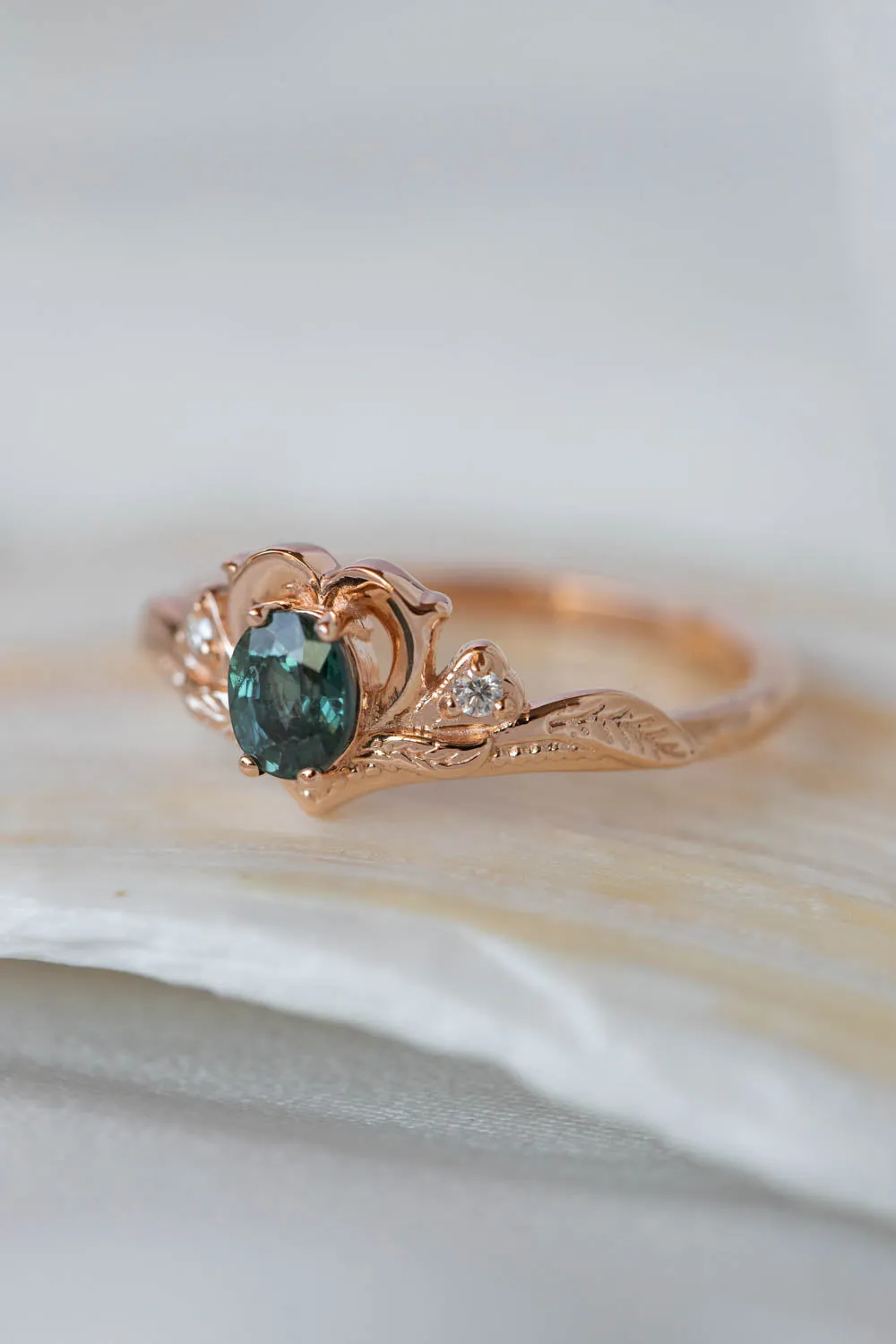 READY TO SHIP: Amura in 14K rose gold, natural oval cut teal sapphire 6.3x5.3 mm, moissanites, RING SIZE 7 US