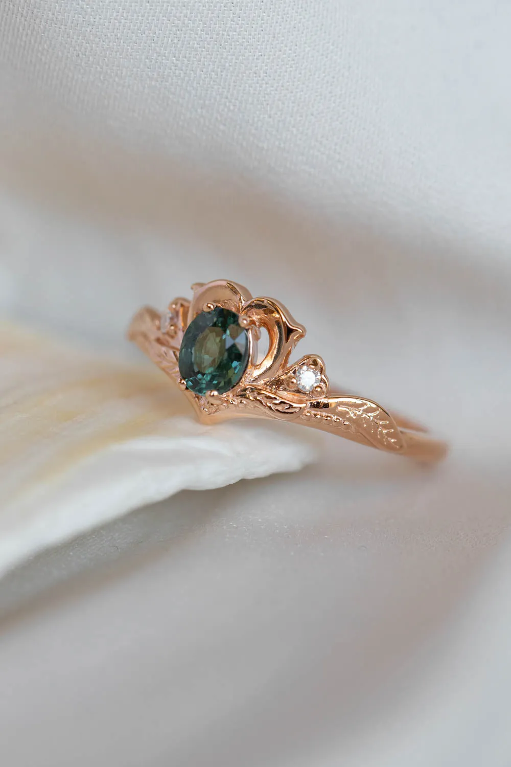 READY TO SHIP: Amura in 14K rose gold, natural oval cut teal sapphire 6.3x5.3 mm, moissanites, RING SIZE 7 US