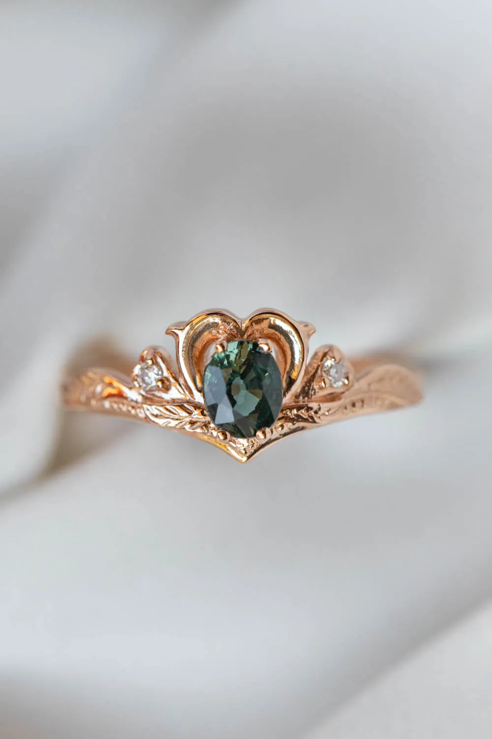 READY TO SHIP: Amura in 14K rose gold, natural oval cut teal sapphire 6.3x5.3 mm, moissanites, RING SIZE 7 US