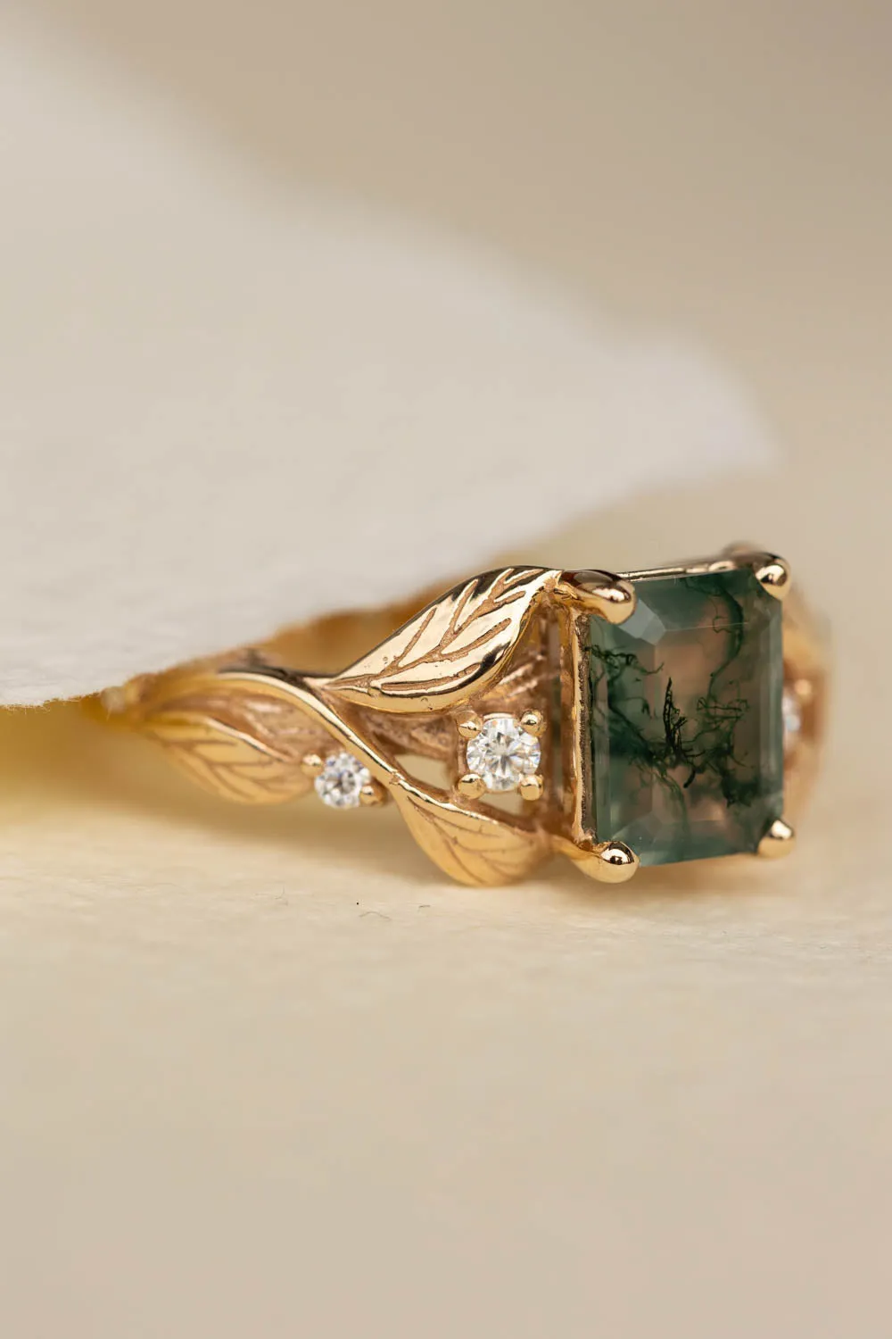 READY TO SHIP: Clematis ring in 14K yellow gold, moss agate emerald cut 8x6 mm, moissanites, AVAILABLE RING SIZES: 6-8US