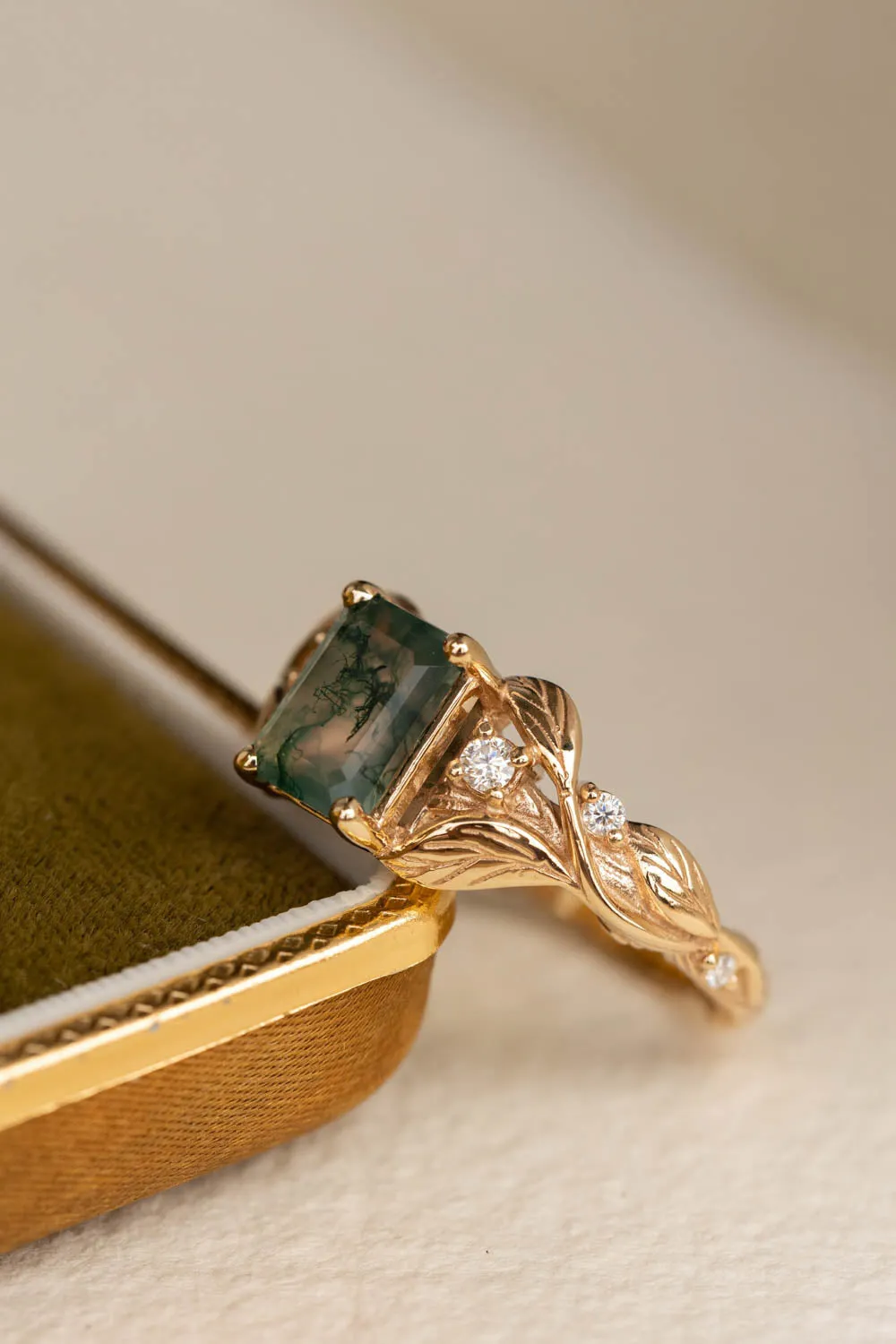 READY TO SHIP: Clematis ring in 14K yellow gold, moss agate emerald cut 8x6 mm, moissanites, AVAILABLE RING SIZES: 6-8US