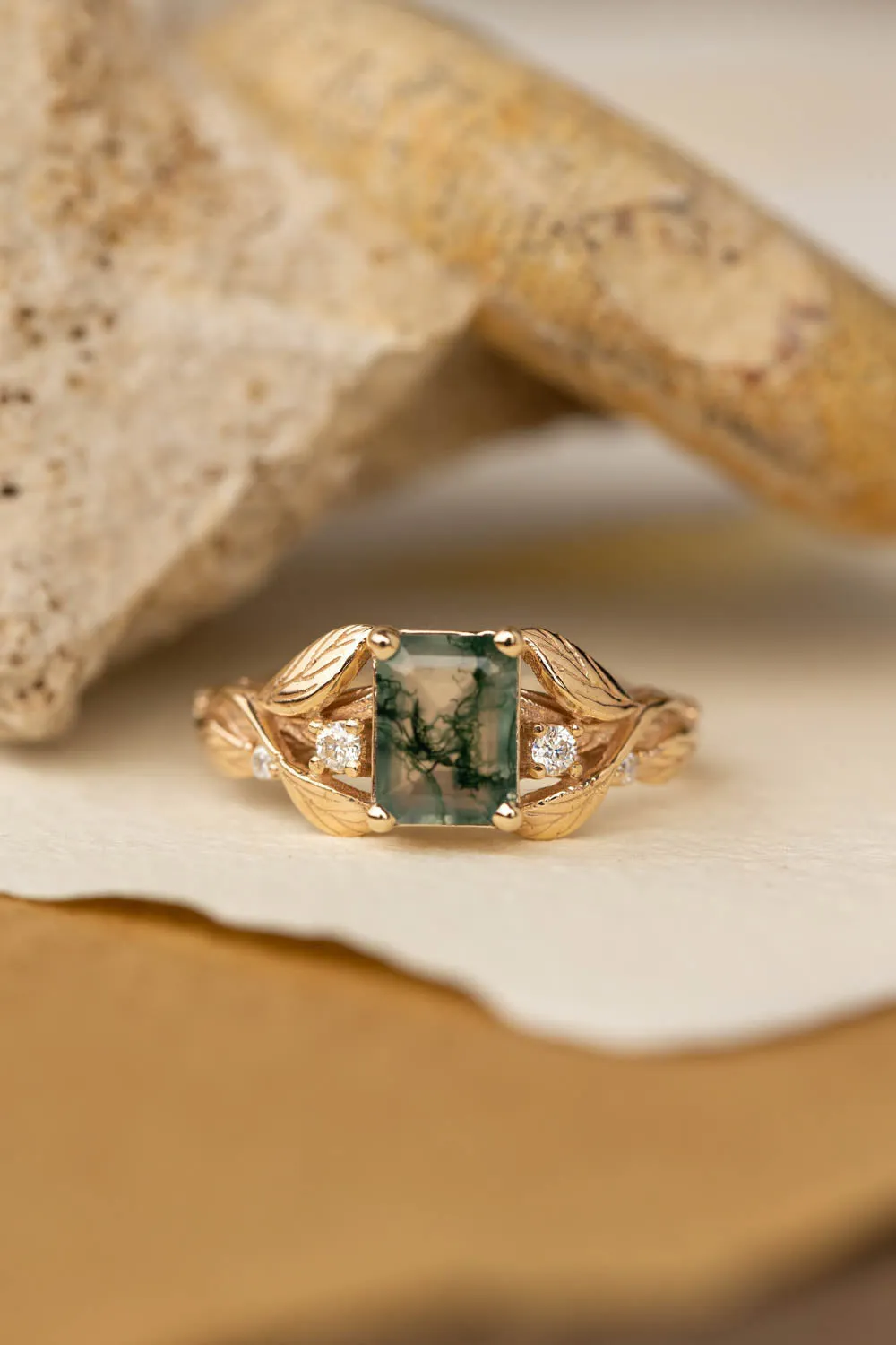 READY TO SHIP: Clematis ring in 14K yellow gold, moss agate emerald cut 8x6 mm, moissanites, AVAILABLE RING SIZES: 6-8US