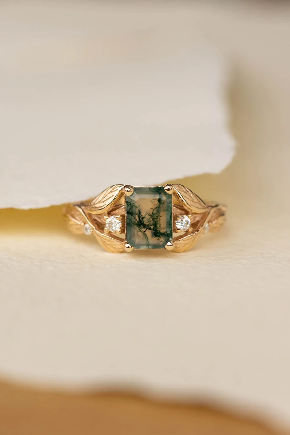 READY TO SHIP: Clematis ring in 14K yellow gold, moss agate emerald cut 8x6 mm, moissanites, AVAILABLE RING SIZES: 6-8US