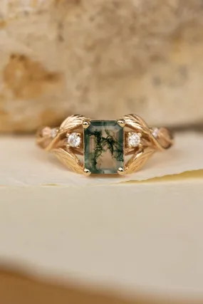 READY TO SHIP: Clematis ring in 14K yellow gold, moss agate emerald cut 8x6 mm, moissanites, AVAILABLE RING SIZES: 6-8US