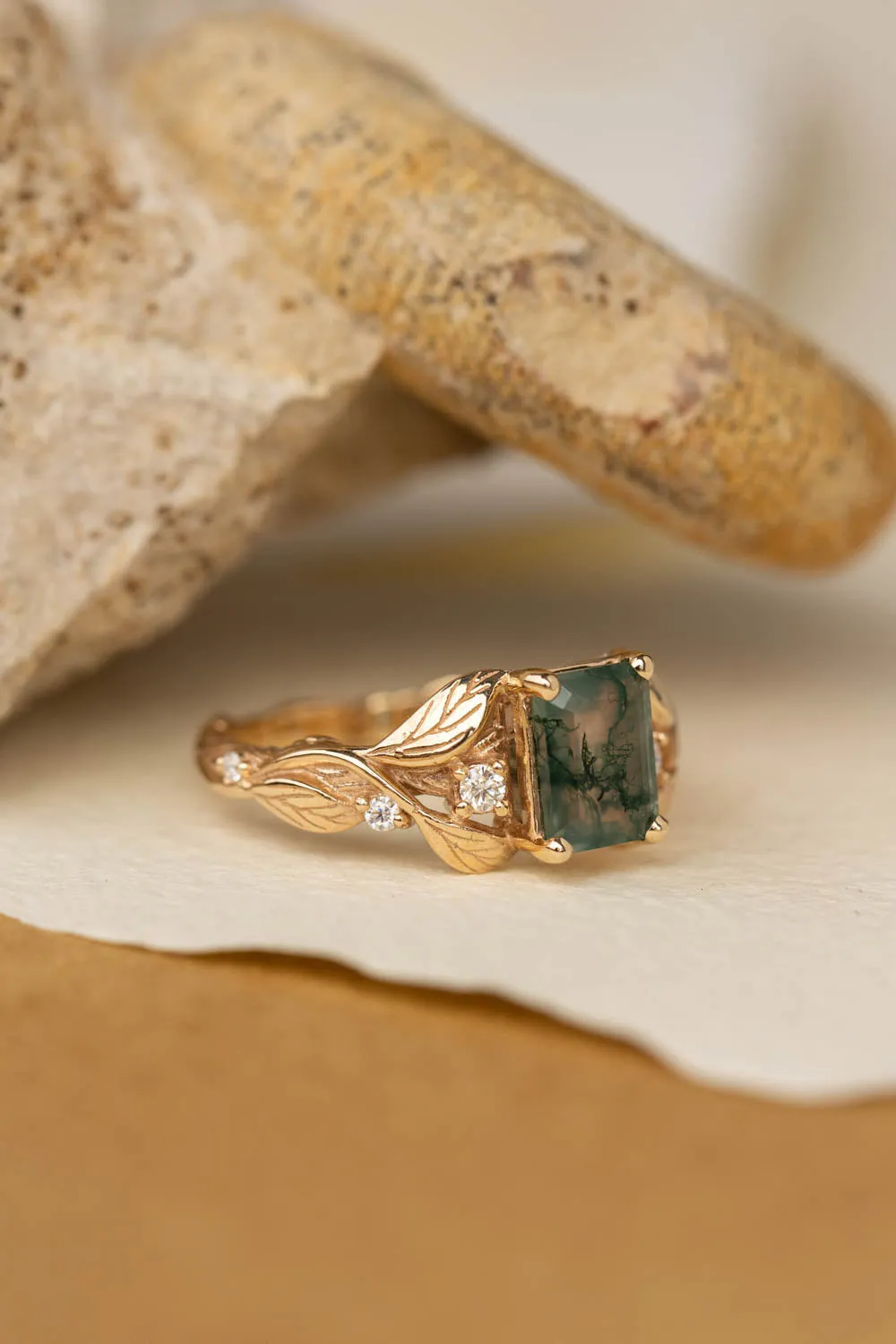 READY TO SHIP: Clematis ring in 14K yellow gold, moss agate emerald cut 8x6 mm, moissanites, AVAILABLE RING SIZES: 6-8US