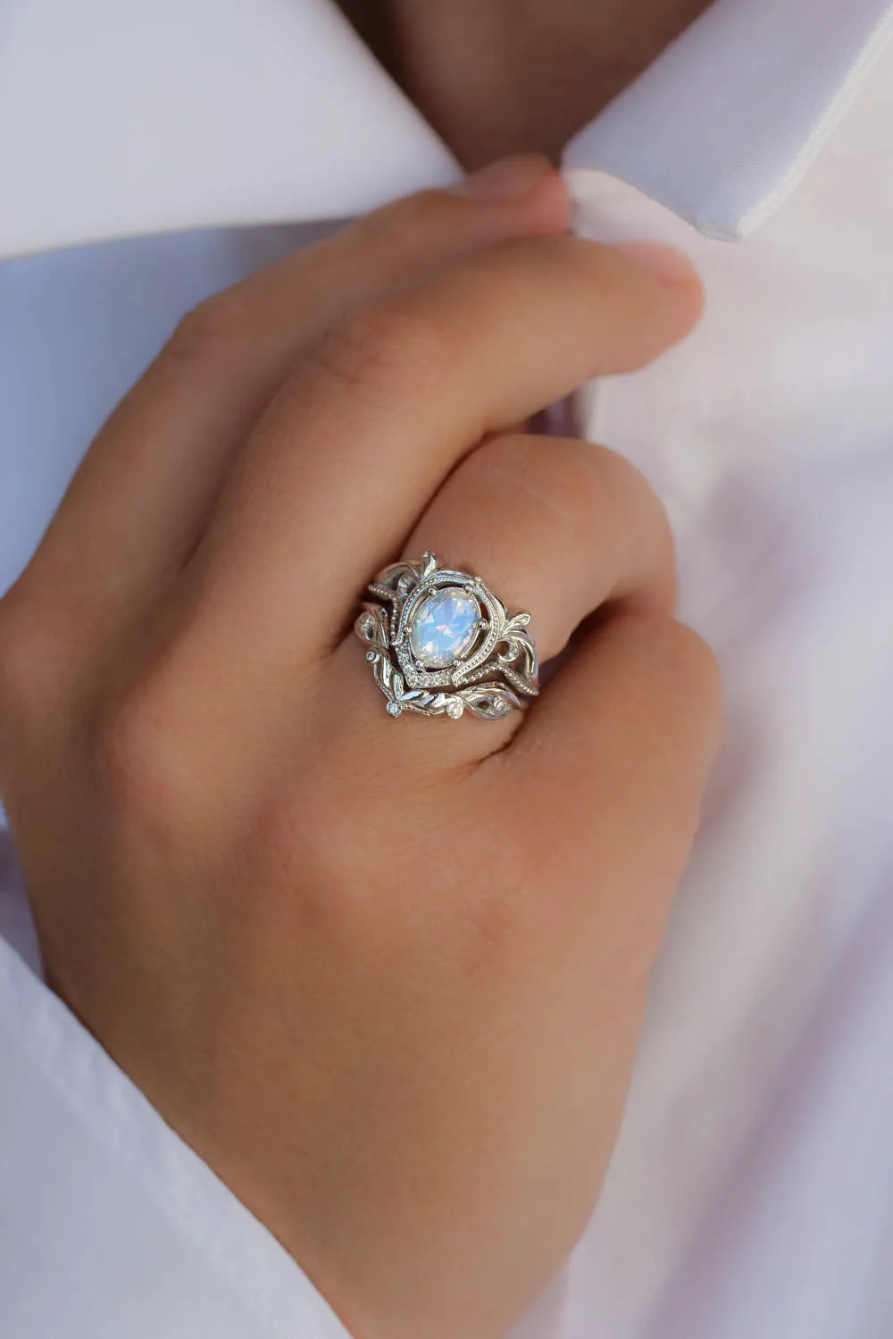 READY TO SHIP: Lida ring set in 14K white gold, oval moonstone 8x6 mm, moissanites, RING SIZE 6 US