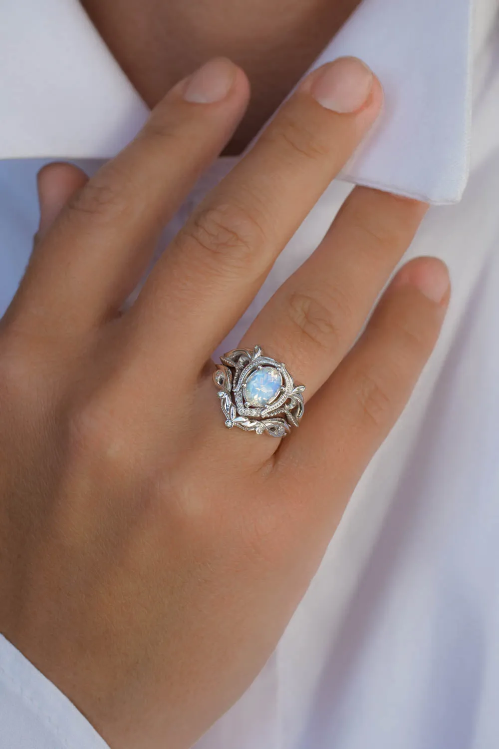 READY TO SHIP: Lida ring set in 14K white gold, oval moonstone 8x6 mm, moissanites, RING SIZE 6 US