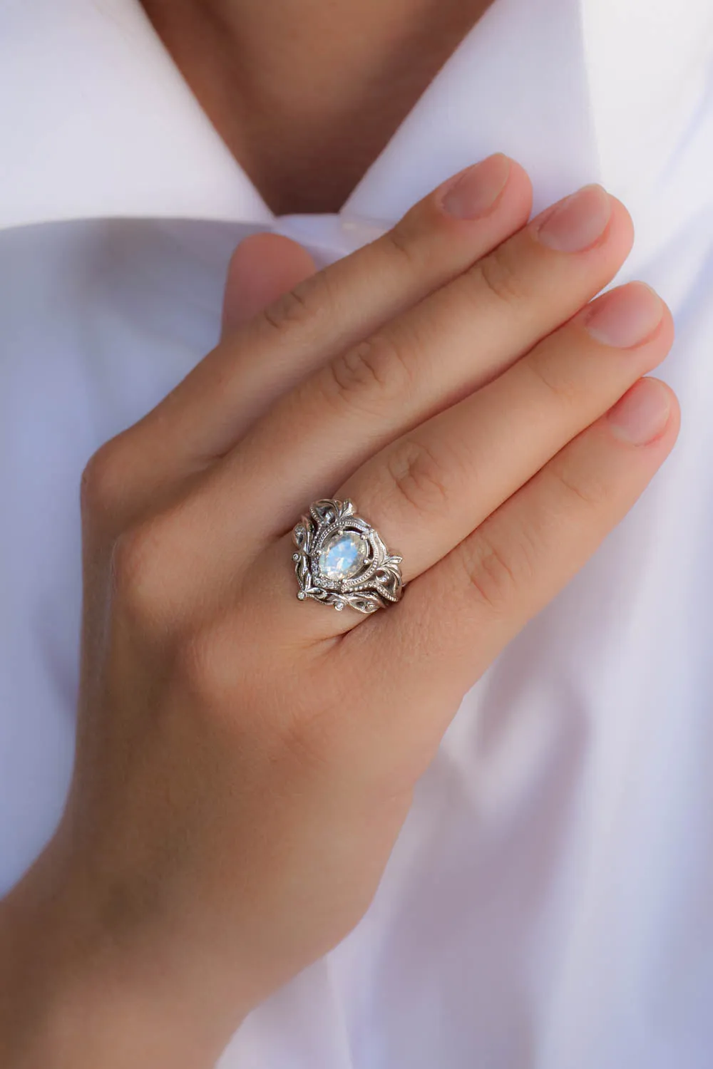 READY TO SHIP: Lida ring set in 14K white gold, oval moonstone 8x6 mm, moissanites, RING SIZE 6 US