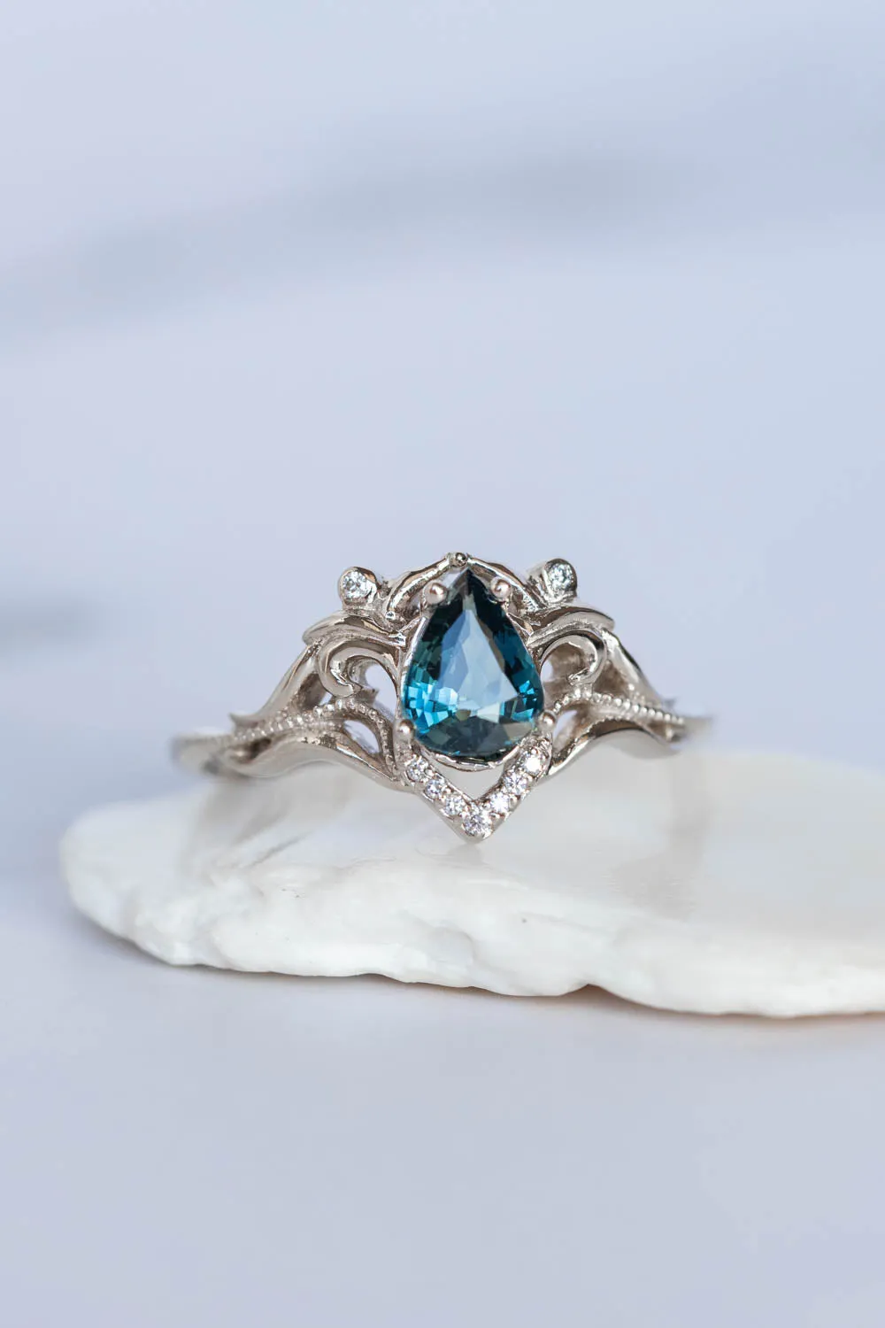 READY TO SHIP: Lida small ring set in 14K white gold, pear cut natural teal sapphire 7x5 mm, moissanites, RING SIZE - 8 US