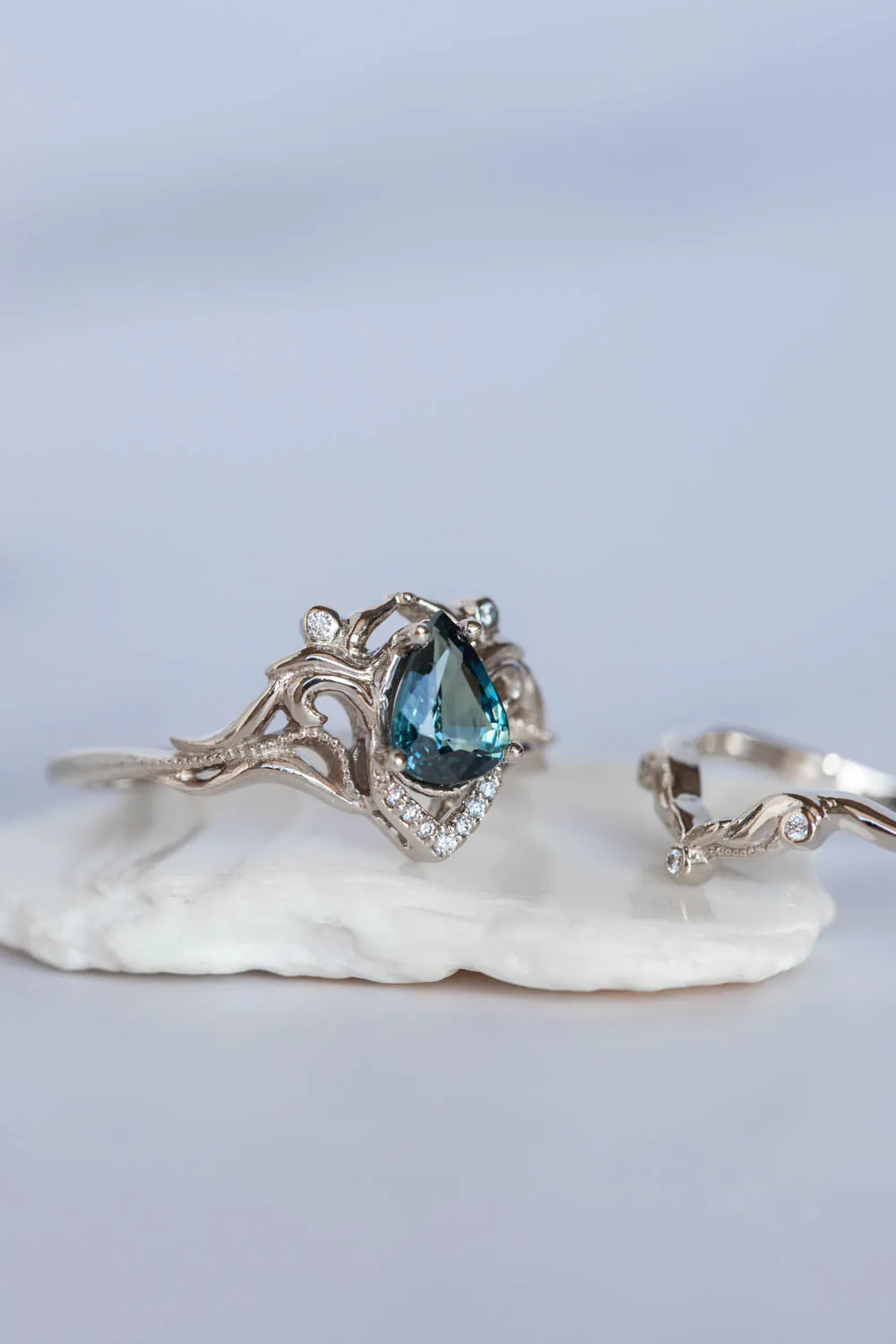 READY TO SHIP: Lida small ring set in 14K white gold, pear cut natural teal sapphire 7x5 mm, moissanites, RING SIZE - 8 US