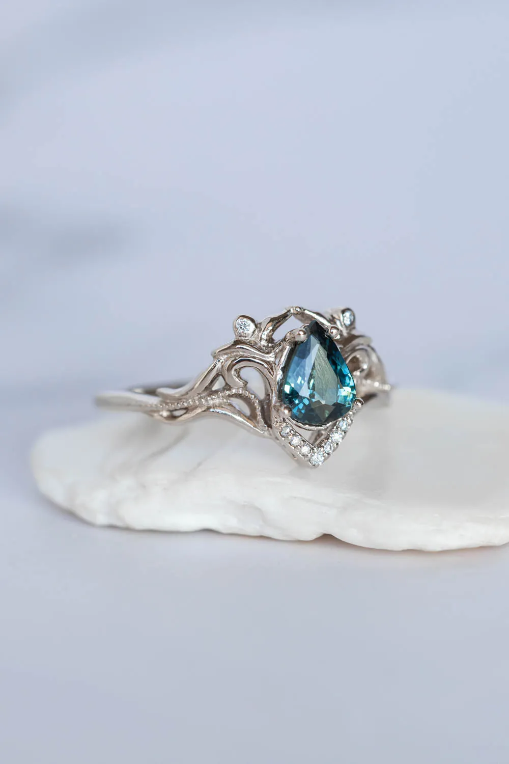 READY TO SHIP: Lida small ring set in 14K white gold, pear cut natural teal sapphire 7x5 mm, moissanites, RING SIZE - 8 US