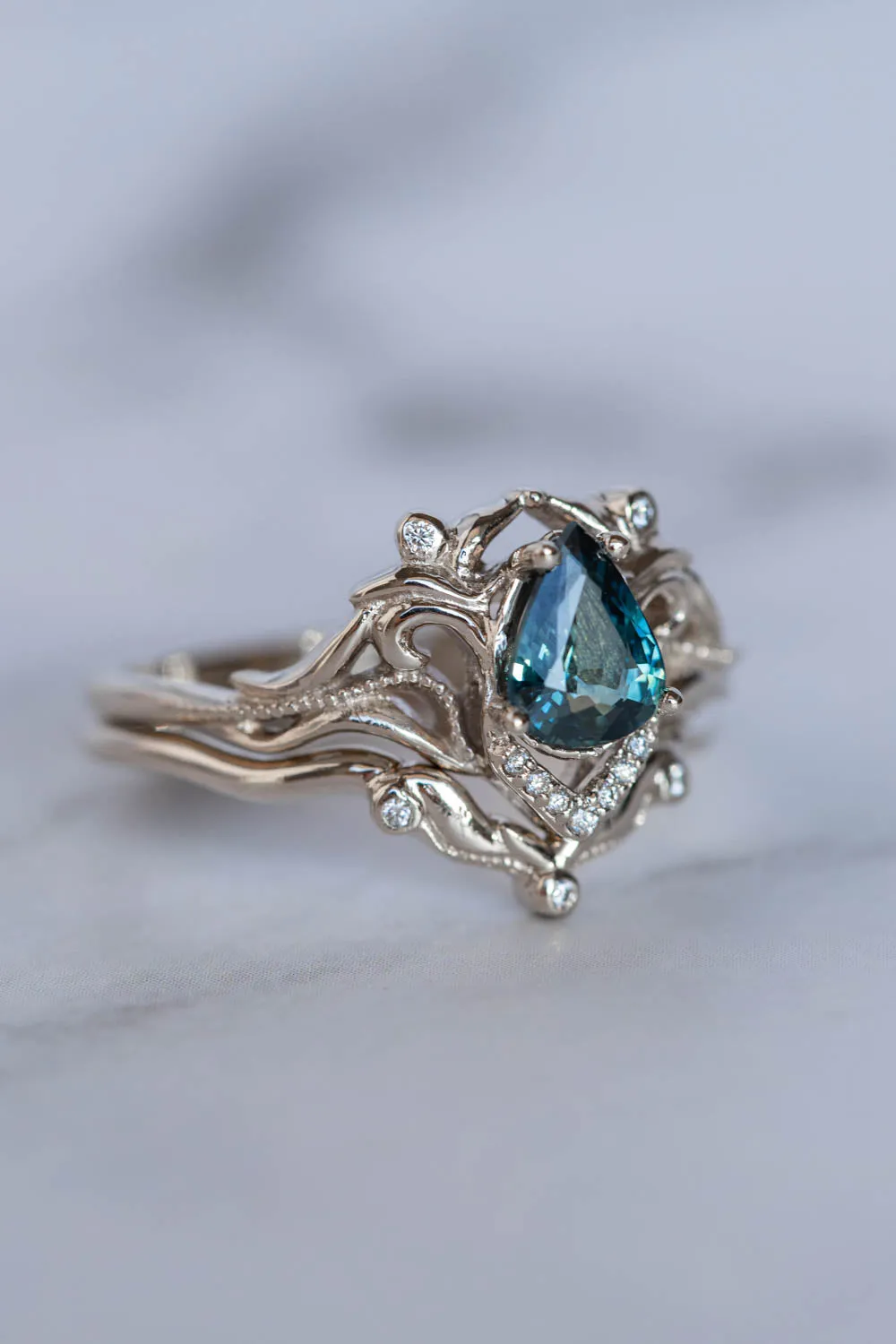 READY TO SHIP: Lida small ring set in 14K white gold, pear cut natural teal sapphire 7x5 mm, moissanites, RING SIZE - 8 US