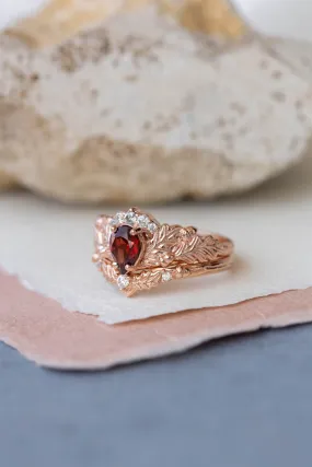 READY TO SHIP: Royal oak ring set in 14K rose gold, natural garnet pear cut 7x5 mm, moissanites, AVAILABLE RING SIZES: 6-8US