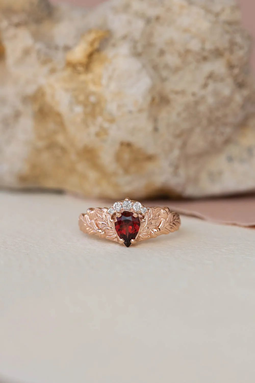 READY TO SHIP: Royal oak ring set in 14K rose gold, natural garnet pear cut 7x5 mm, moissanites, AVAILABLE RING SIZES: 6-8US