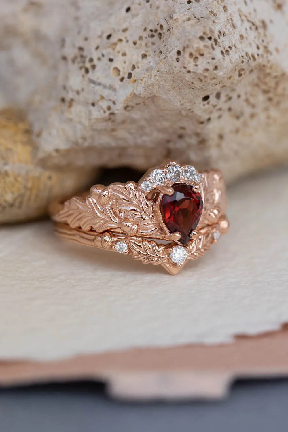 READY TO SHIP: Royal oak ring set in 14K rose gold, natural garnet pear cut 7x5 mm, moissanites, AVAILABLE RING SIZES: 6-8US