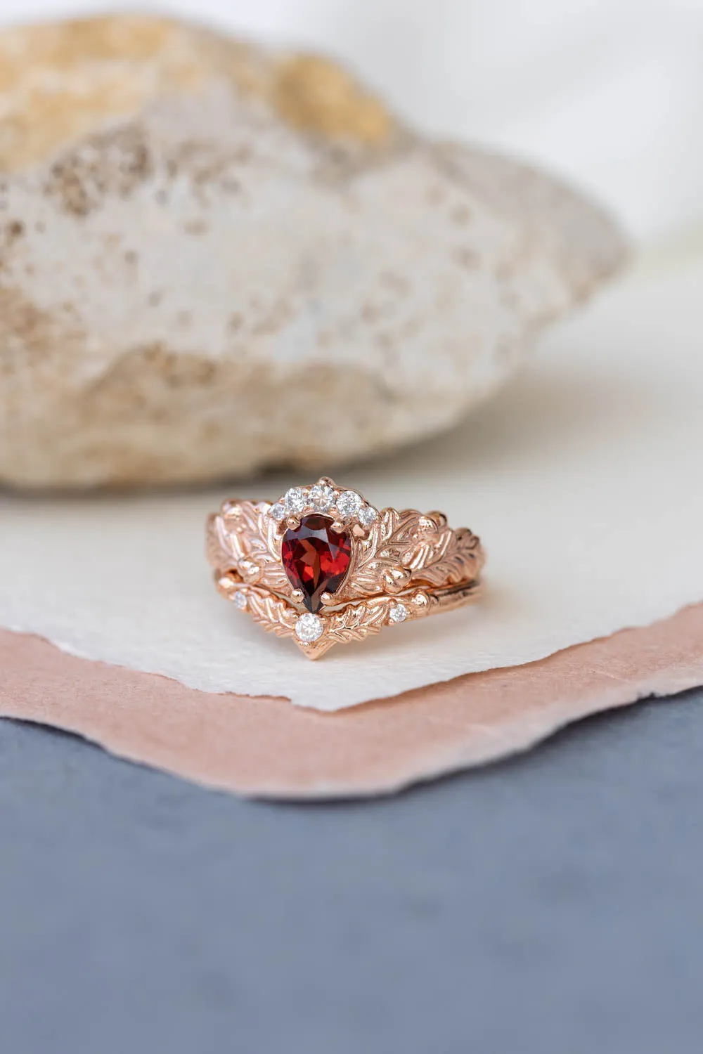 READY TO SHIP: Royal oak ring set in 14K rose gold, natural garnet pear cut 7x5 mm, moissanites, AVAILABLE RING SIZES: 6-8US