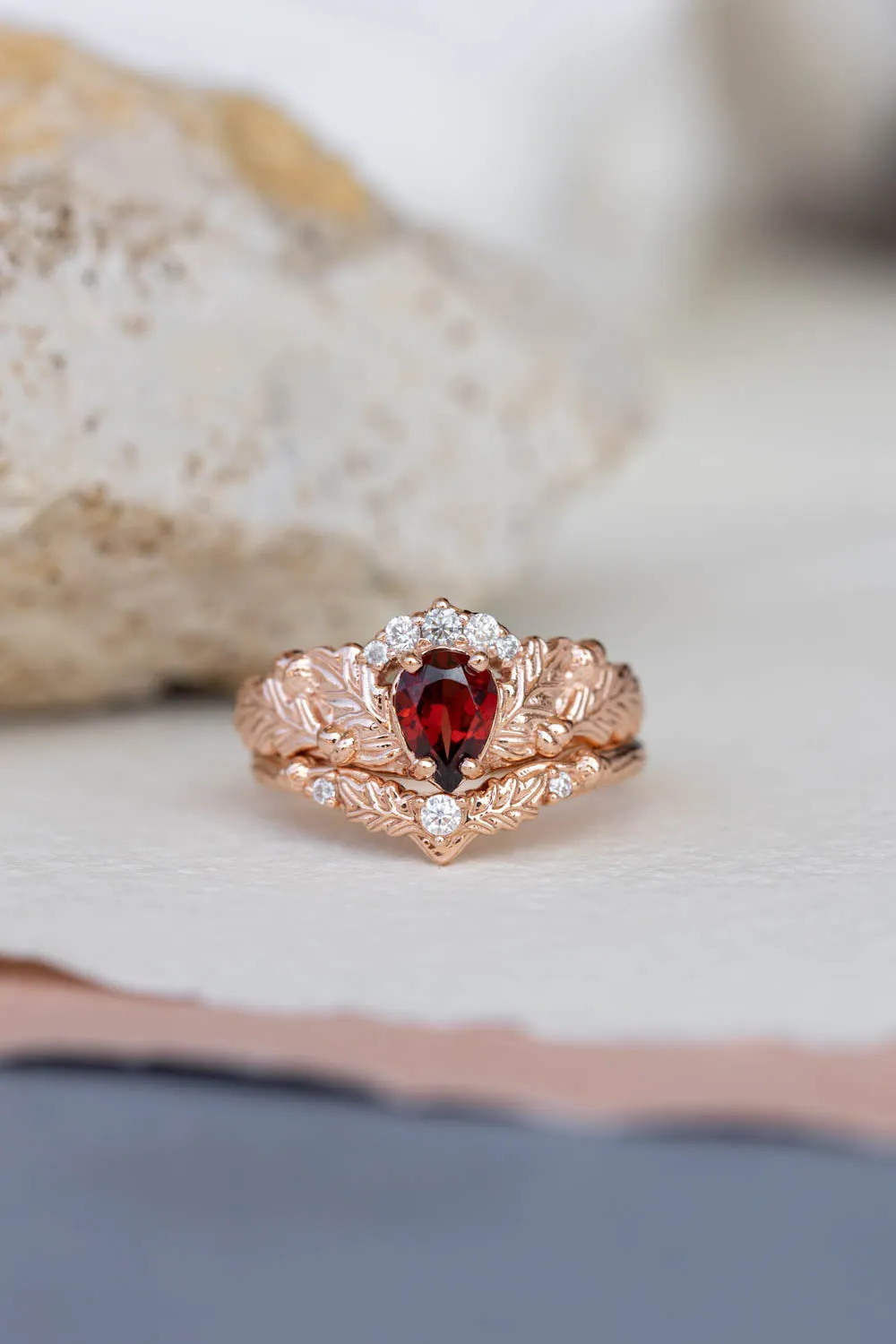 READY TO SHIP: Royal oak ring set in 14K rose gold, natural garnet pear cut 7x5 mm, moissanites, AVAILABLE RING SIZES: 6-8US