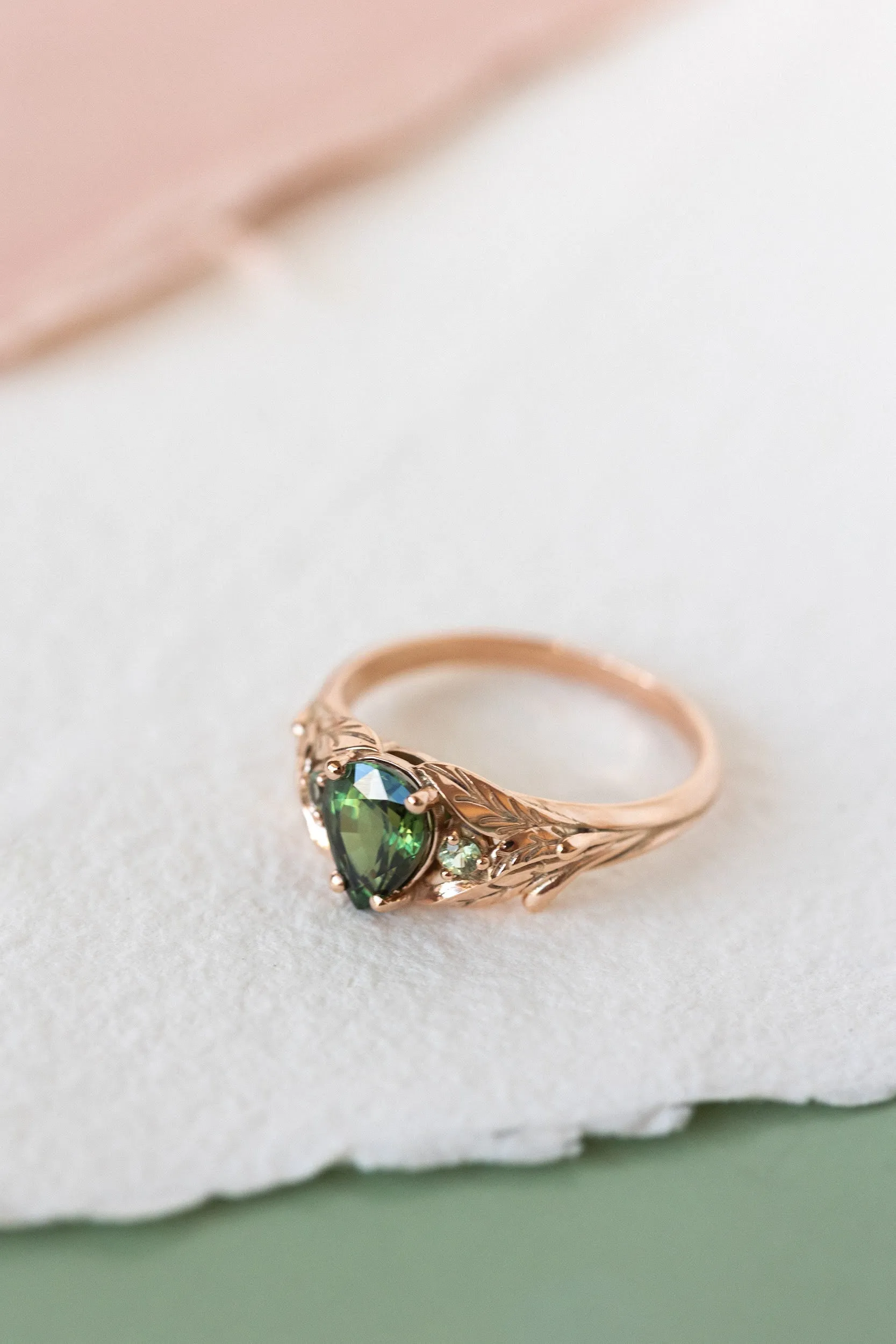 READY TO SHIP: Wisteria ring in 14K rose gold, natural green sapphire pear cut 7x5 mm, accent teal sapphires, AVAILABLE RING SIZES: 6.5-8.5US