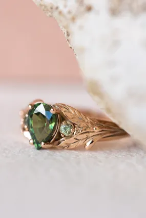 READY TO SHIP: Wisteria ring in 14K rose gold, natural green sapphire pear cut 7x5 mm, accent teal sapphires, AVAILABLE RING SIZES: 6.5-8.5US