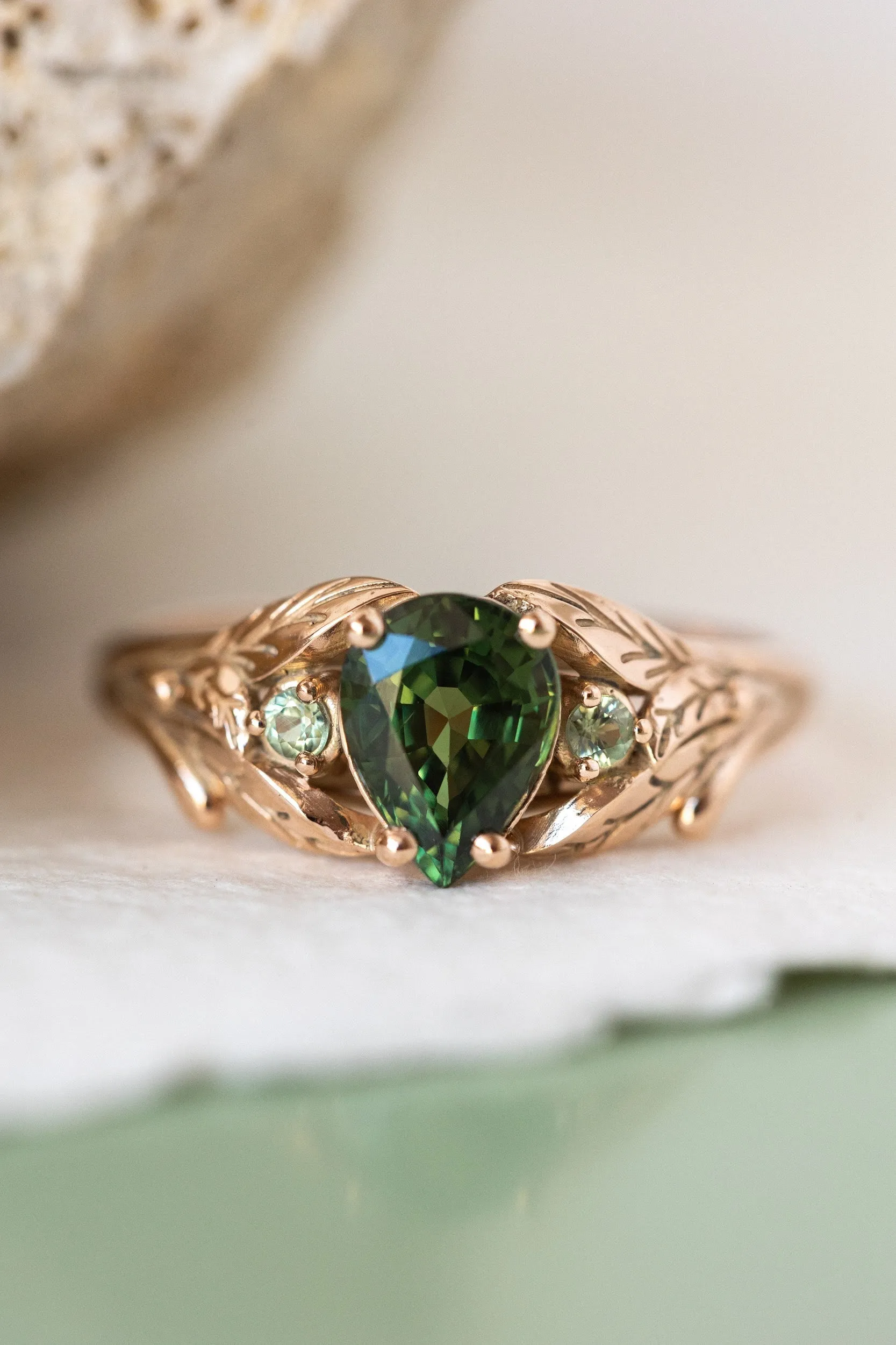 READY TO SHIP: Wisteria ring in 14K rose gold, natural green sapphire pear cut 7x5 mm, accent teal sapphires, AVAILABLE RING SIZES: 6.5-8.5US