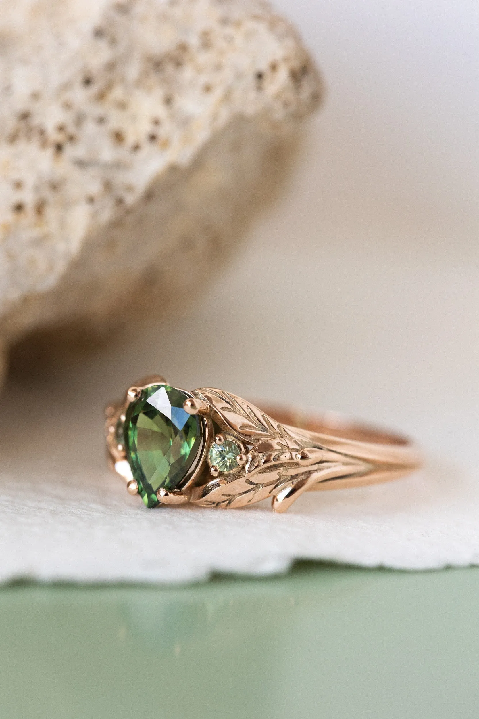 READY TO SHIP: Wisteria ring in 14K rose gold, natural green sapphire pear cut 7x5 mm, accent teal sapphires, AVAILABLE RING SIZES: 6.5-8.5US