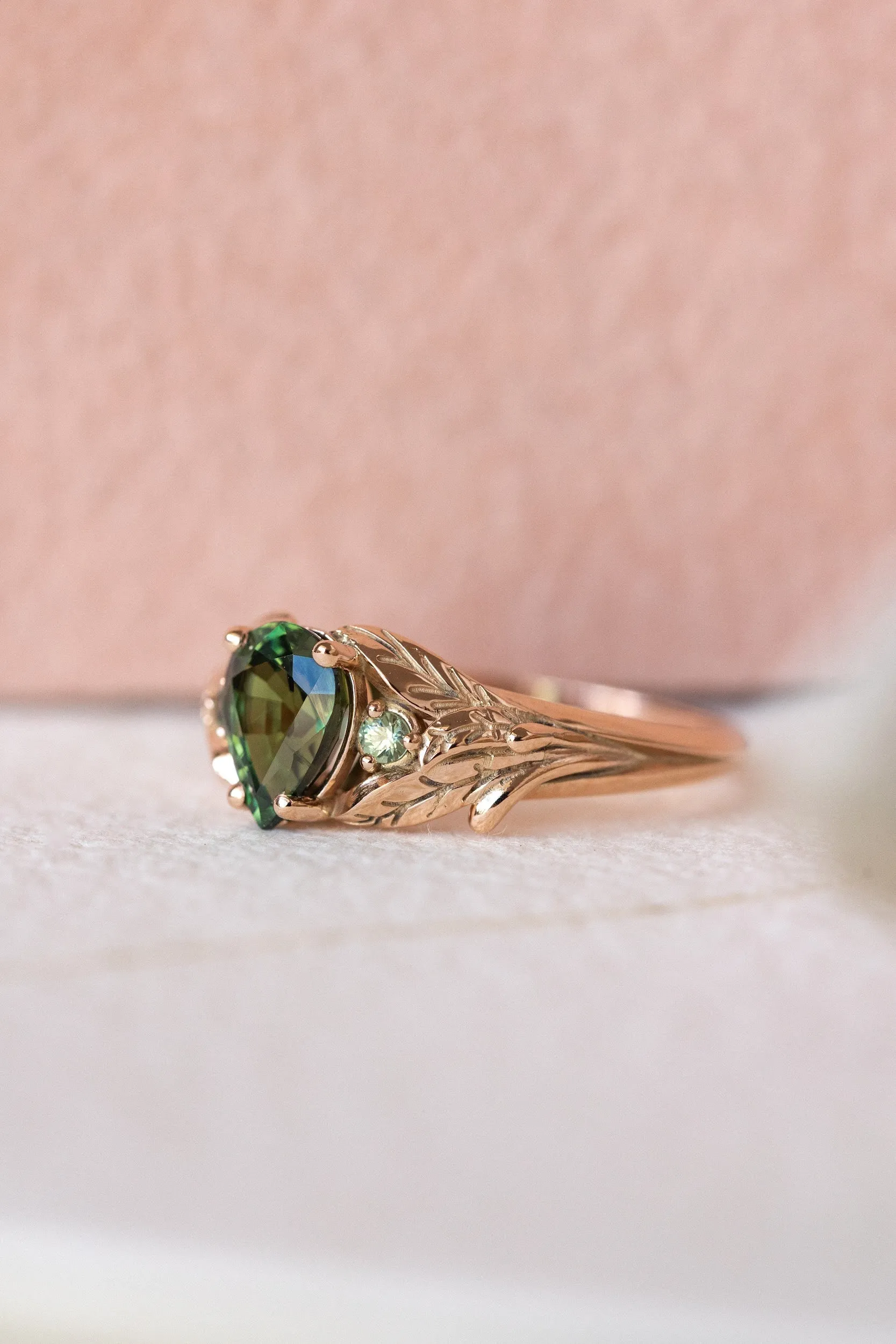 READY TO SHIP: Wisteria ring in 14K rose gold, natural green sapphire pear cut 7x5 mm, accent teal sapphires, AVAILABLE RING SIZES: 6.5-8.5US