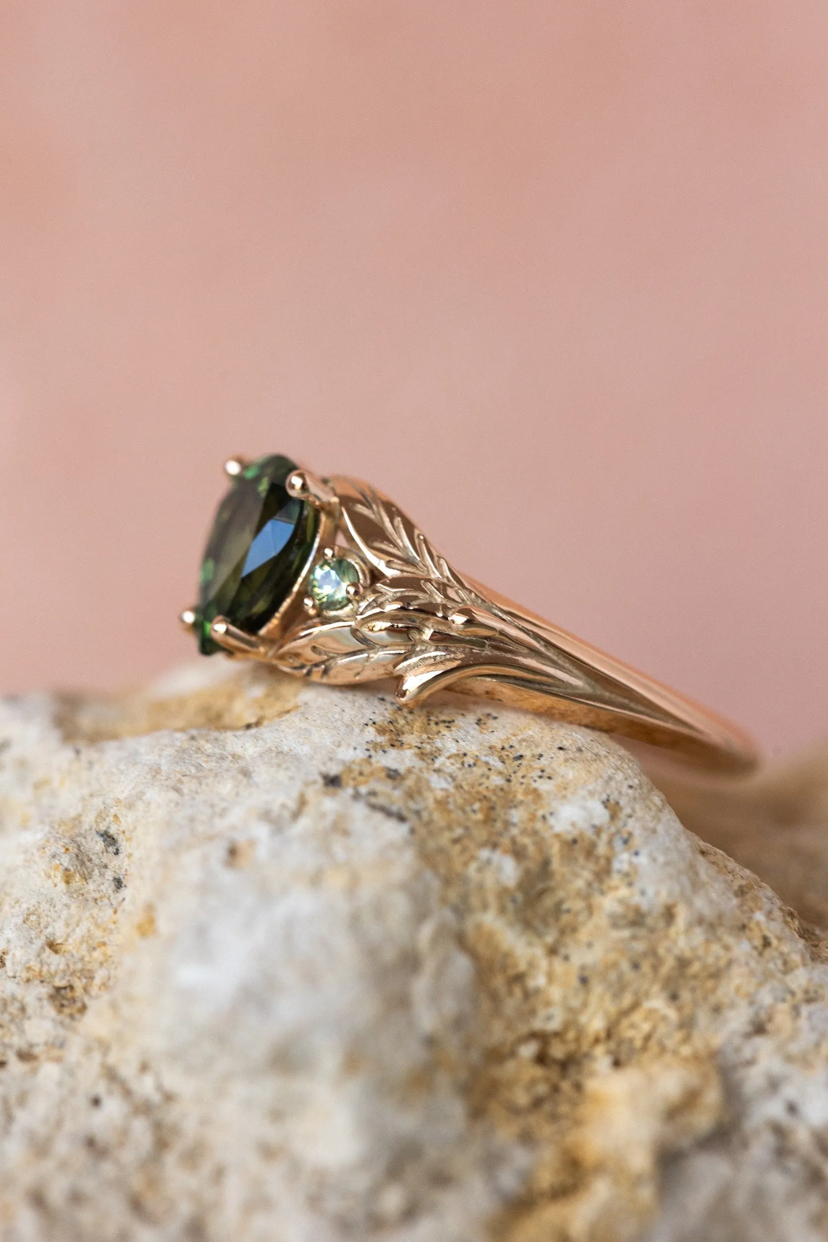 READY TO SHIP: Wisteria ring in 14K rose gold, natural green sapphire pear cut 7x5 mm, accent teal sapphires, AVAILABLE RING SIZES: 6.5-8.5US