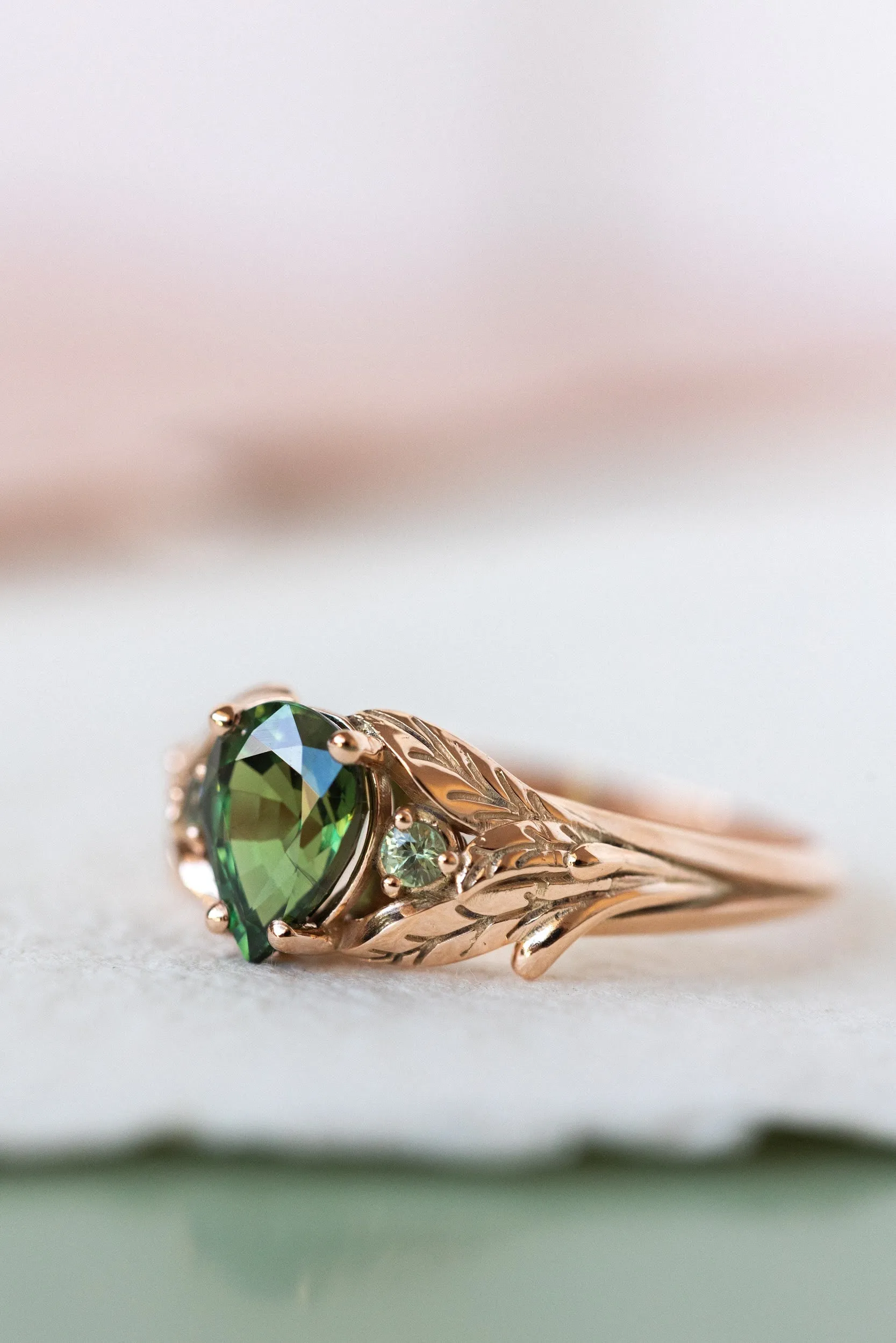 READY TO SHIP: Wisteria ring in 14K rose gold, natural green sapphire pear cut 7x5 mm, accent teal sapphires, AVAILABLE RING SIZES: 6.5-8.5US