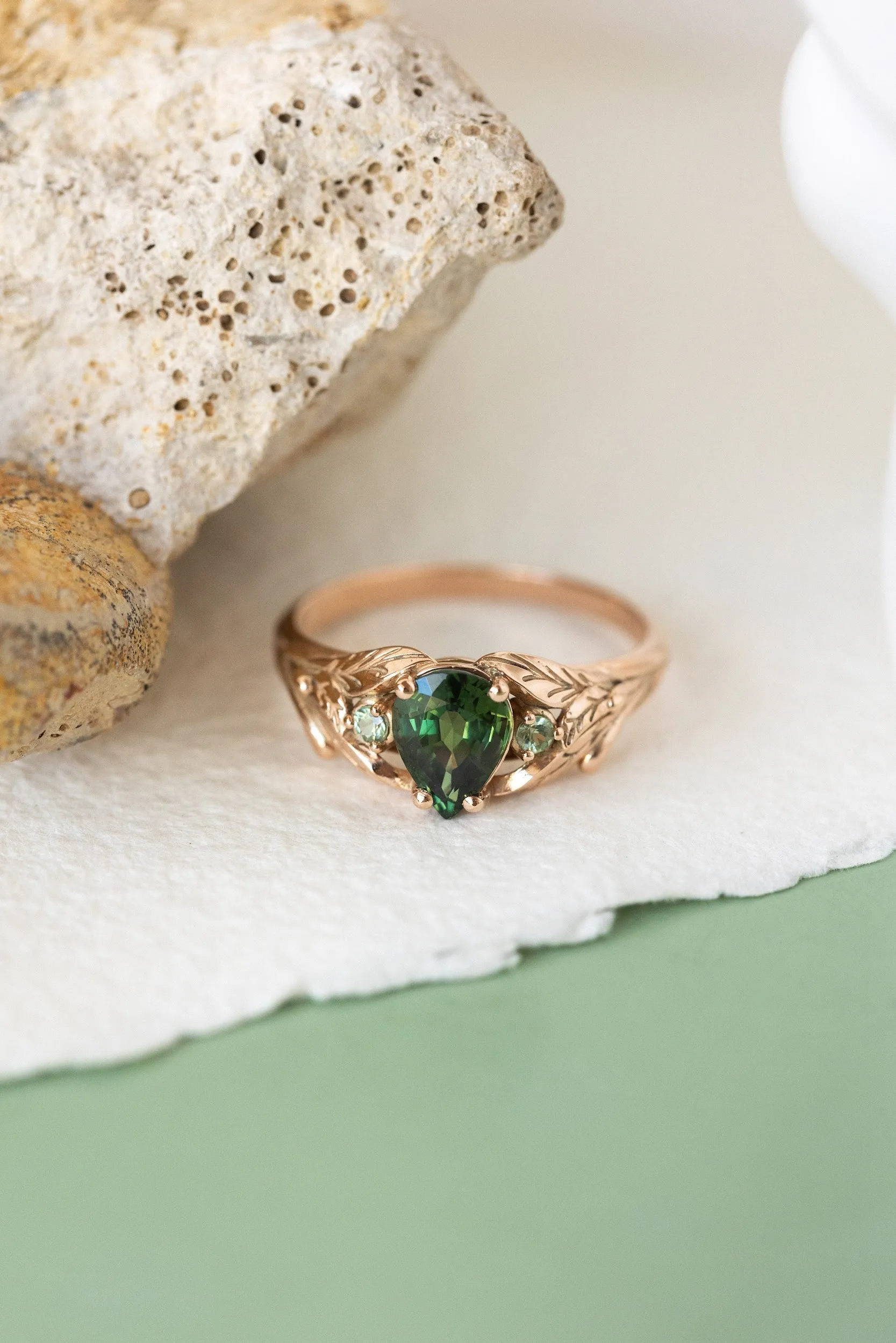 READY TO SHIP: Wisteria ring in 14K rose gold, natural green sapphire pear cut 7x5 mm, accent teal sapphires, AVAILABLE RING SIZES: 6.5-8.5US