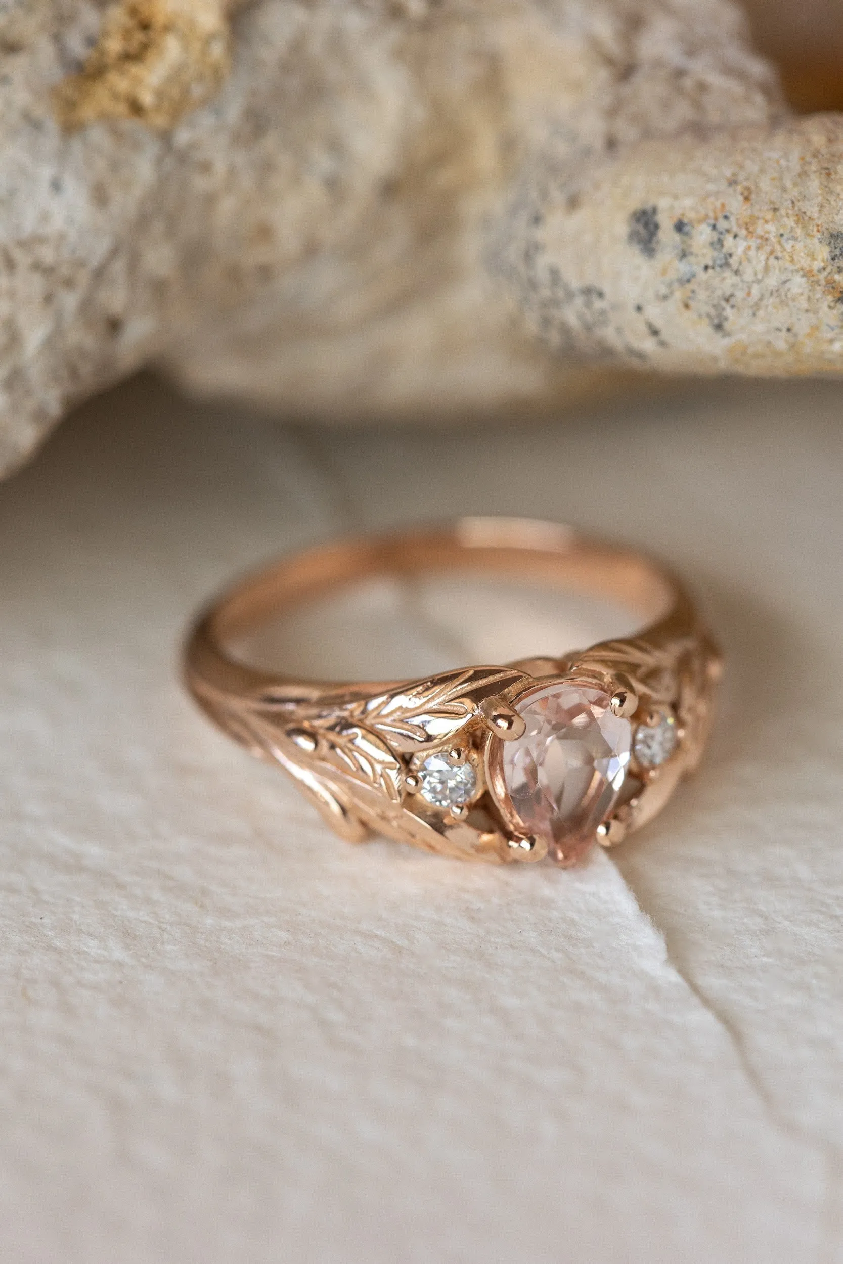 READY TO SHIP: Wisteria ring in 14K rose gold, natural morganite pear cut 7x5 mm, accent moissanites, AVAILABLE RING SIZES: 4.5-6.5US