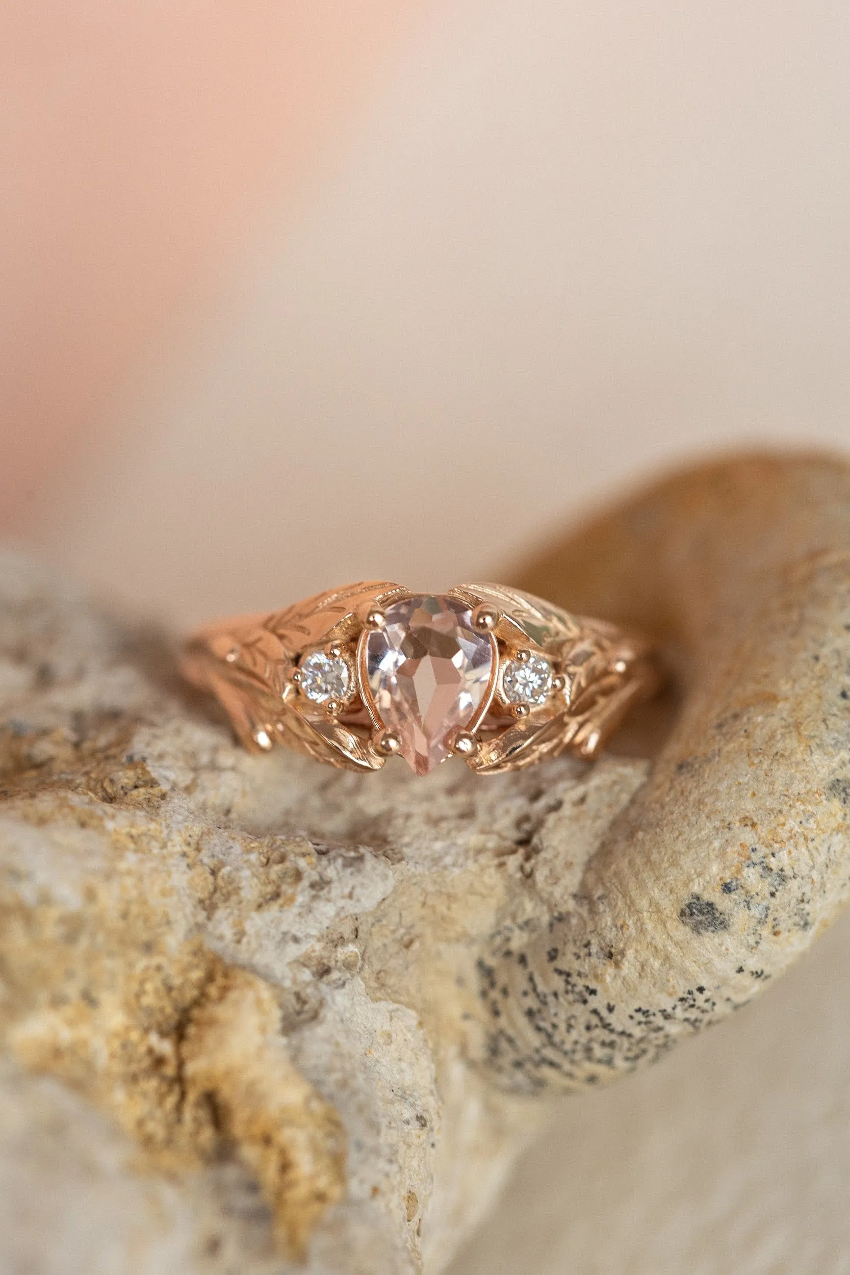 READY TO SHIP: Wisteria ring in 14K rose gold, natural morganite pear cut 7x5 mm, accent moissanites, AVAILABLE RING SIZES: 4.5-6.5US