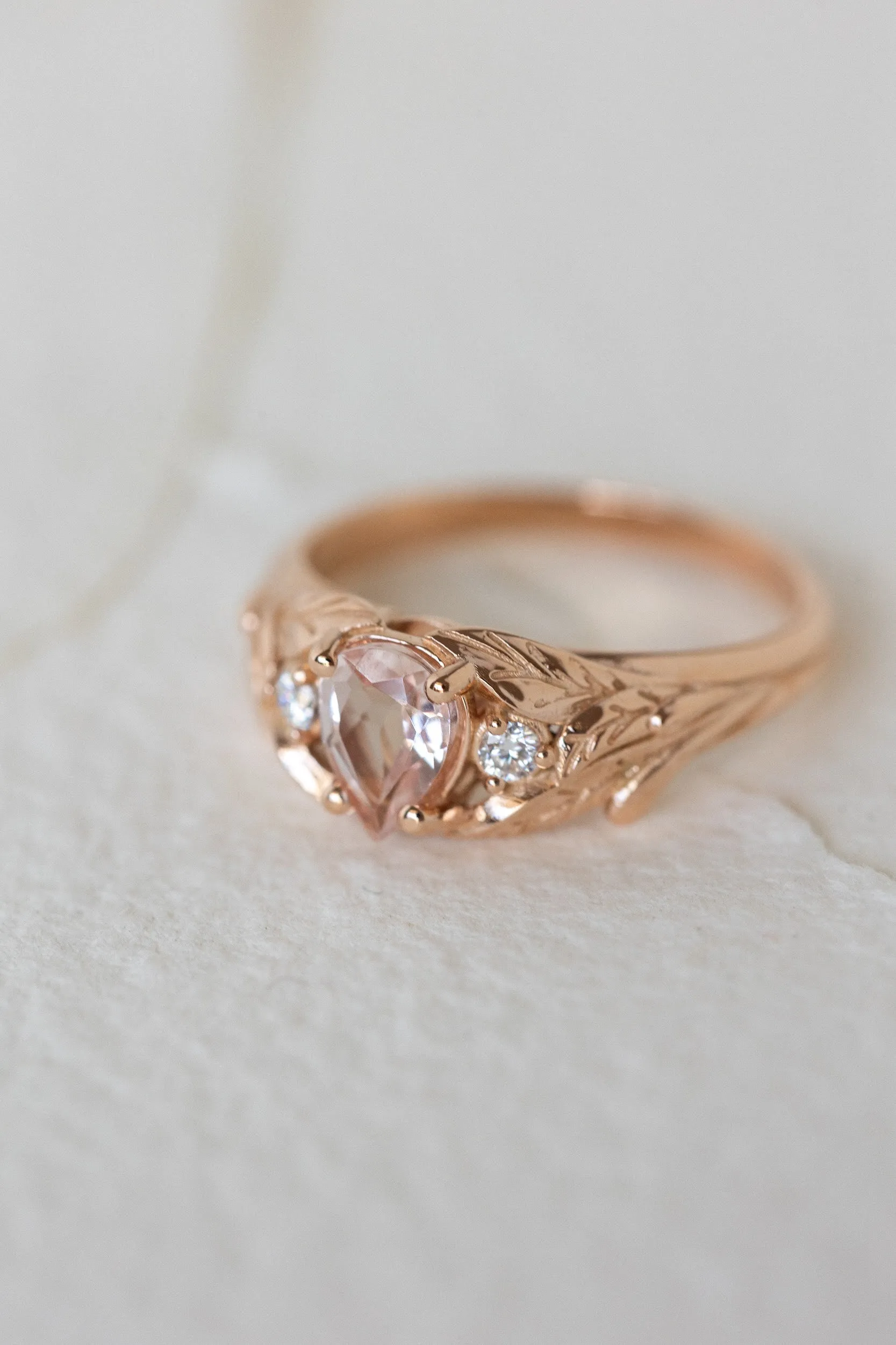 READY TO SHIP: Wisteria ring in 14K rose gold, natural morganite pear cut 7x5 mm, accent moissanites, AVAILABLE RING SIZES: 4.5-6.5US