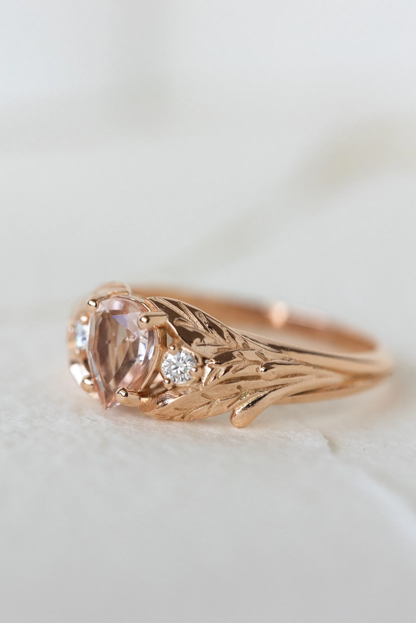 READY TO SHIP: Wisteria ring in 14K rose gold, natural morganite pear cut 7x5 mm, accent moissanites, AVAILABLE RING SIZES: 4.5-6.5US