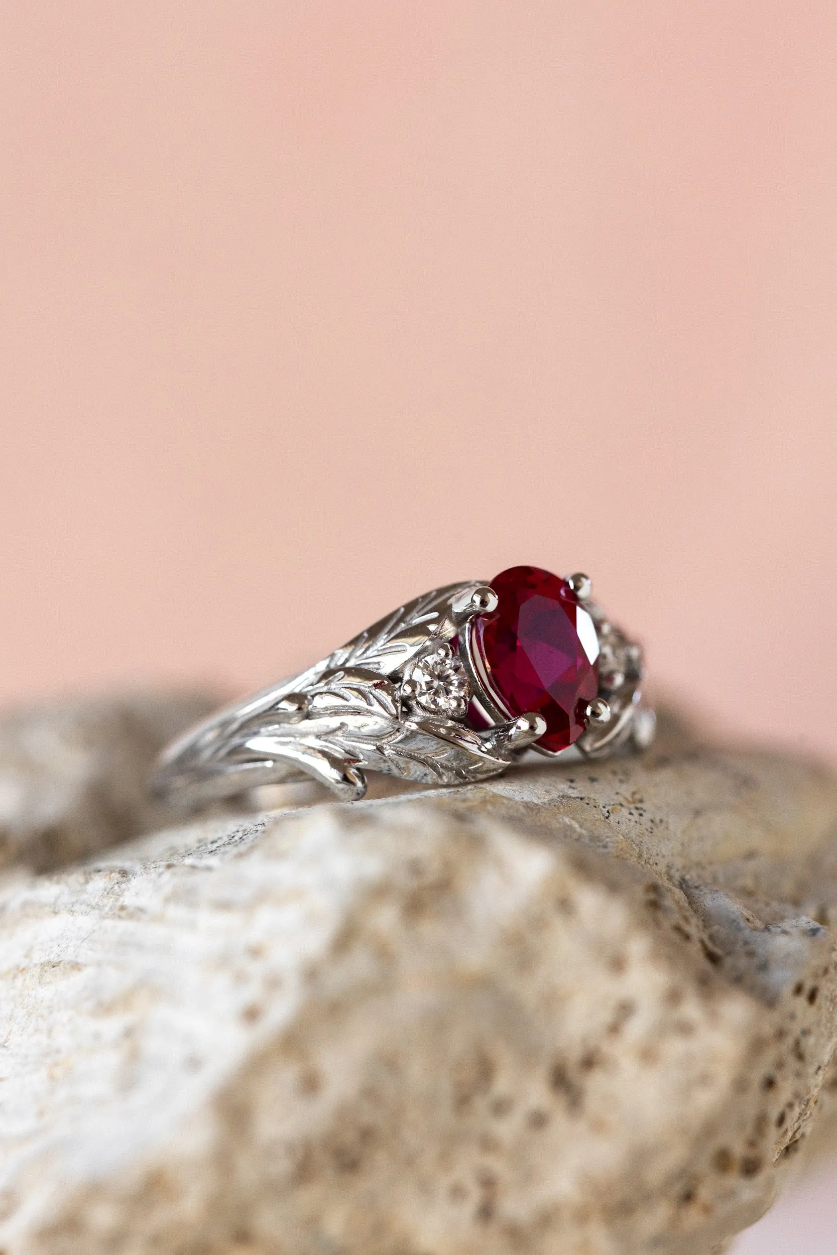 READY TO SHIP: Wisteria ring in 14K white gold, lab ruby pear cut 7x5 mm, accent moissanites, AVAILABLE RING SIZES: 4.5-6.5US