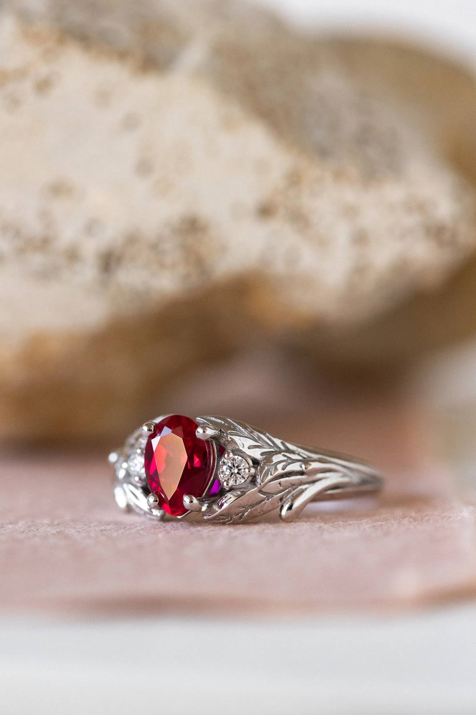 READY TO SHIP: Wisteria ring in 14K white gold, lab ruby pear cut 7x5 mm, accent moissanites, AVAILABLE RING SIZES: 4.5-6.5US